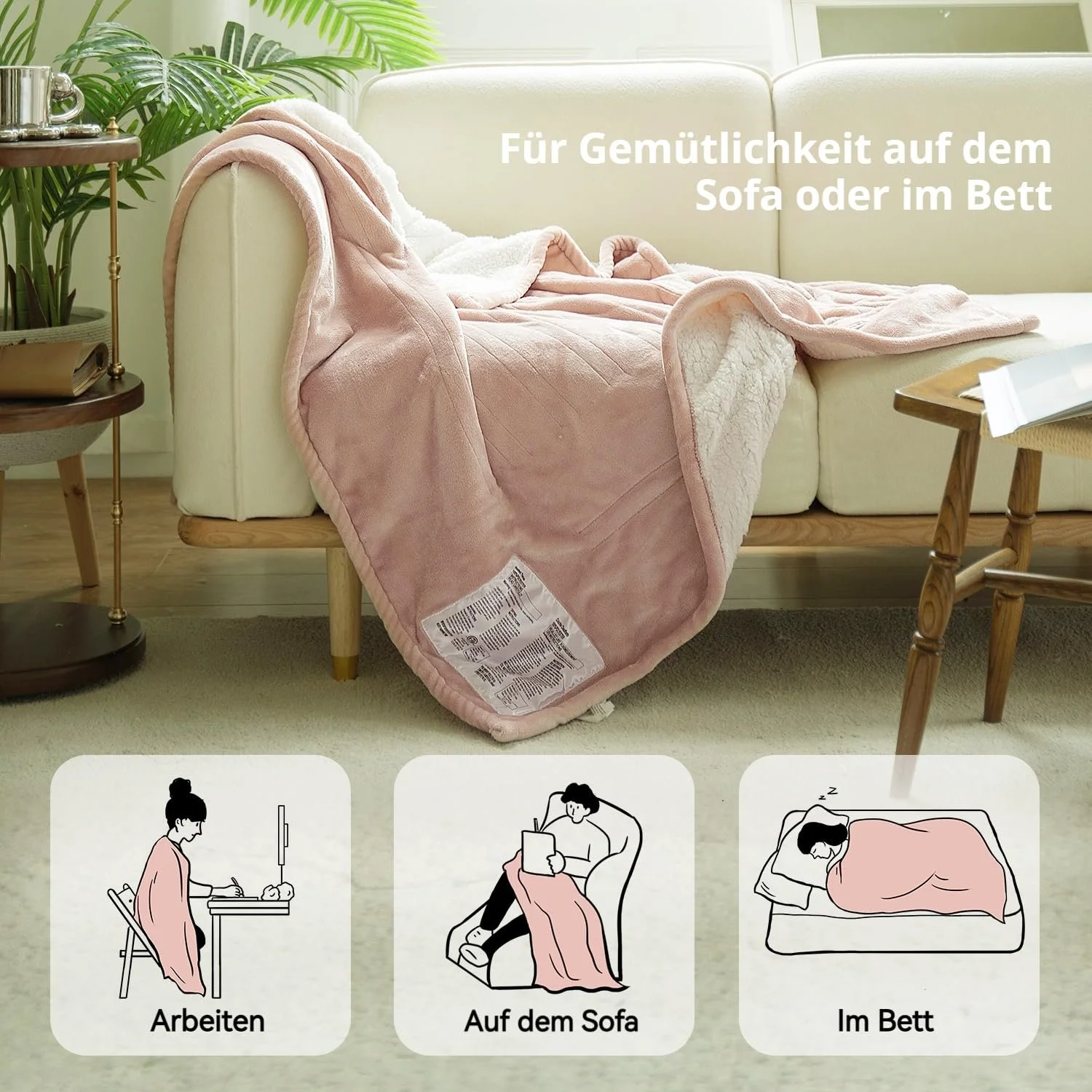 Електрична ковдра GOTCOZY 130 x 180 см, м'яка, шовковиста, плюшева, 6 температурних режимів, таймер автоматичного вимкнення на 10 годин, захист від перегріву, можна прати (Рожева), фото №3