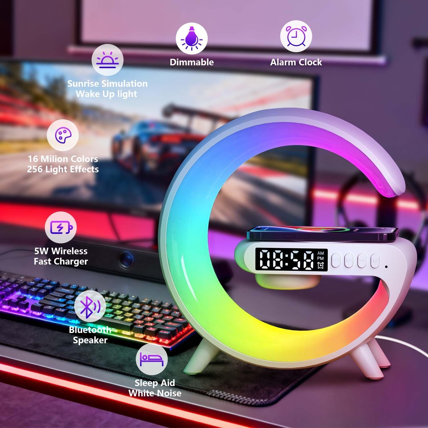 Настільна лампа G-lamp G-series Атмосферна Бездротова зарядка Bluetooth-колонка Будильник, фото №2