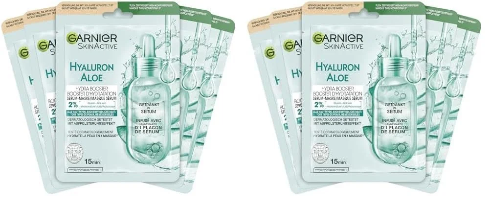 Тканевая Маска-Сыворотка Garnier Aloe Vera для Всех Типов Кожи, Освежающая и Увлажняющая, с Гиалуроновой Кислотой, Алоэ Вера и Глицерином SkinActive, Aloe Hydra Booster, 5 x 28 г, фото №1