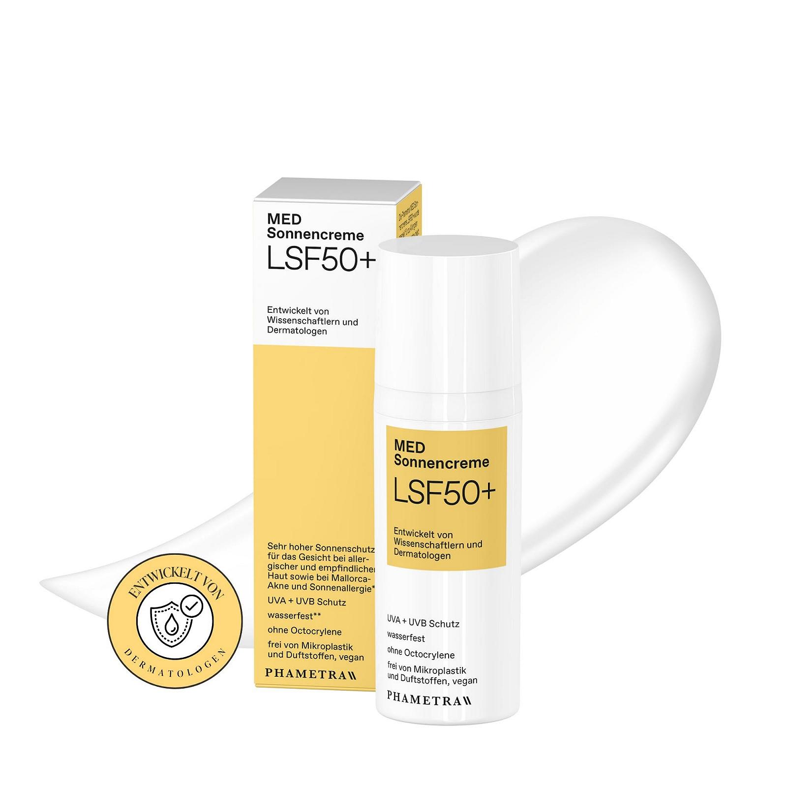 Солнцезащитный крем Phametra MED SPF 50+ для аллергичной и чувствительной кожи, без октокрилена, UVA + UVB защита, водостойкий, без отдушек, веганский, без микропластика, 50 мл, фото №1