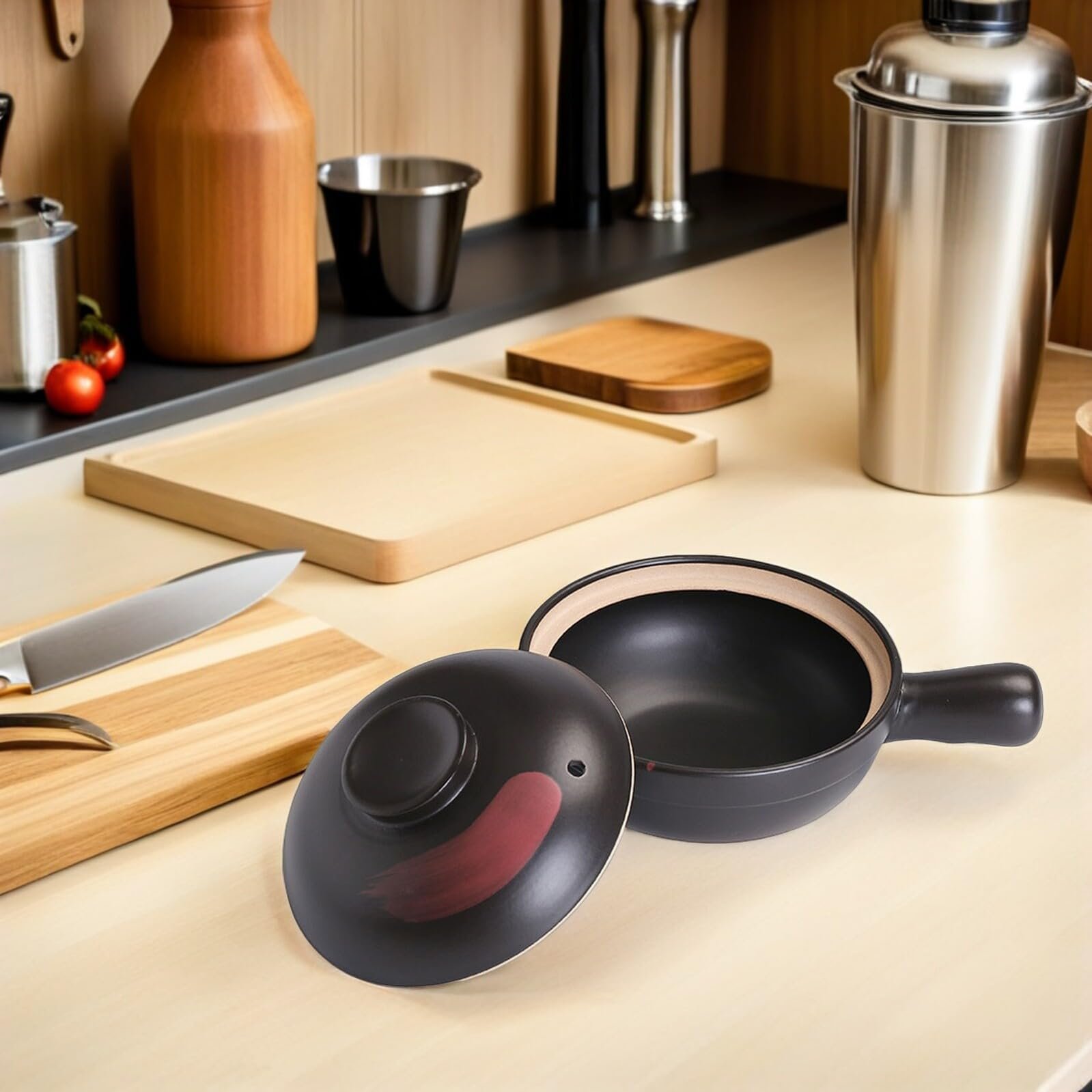 Глиняний горщик Toyvian термостійкий для газової плити Чорний з червоним малюнком, фото №5