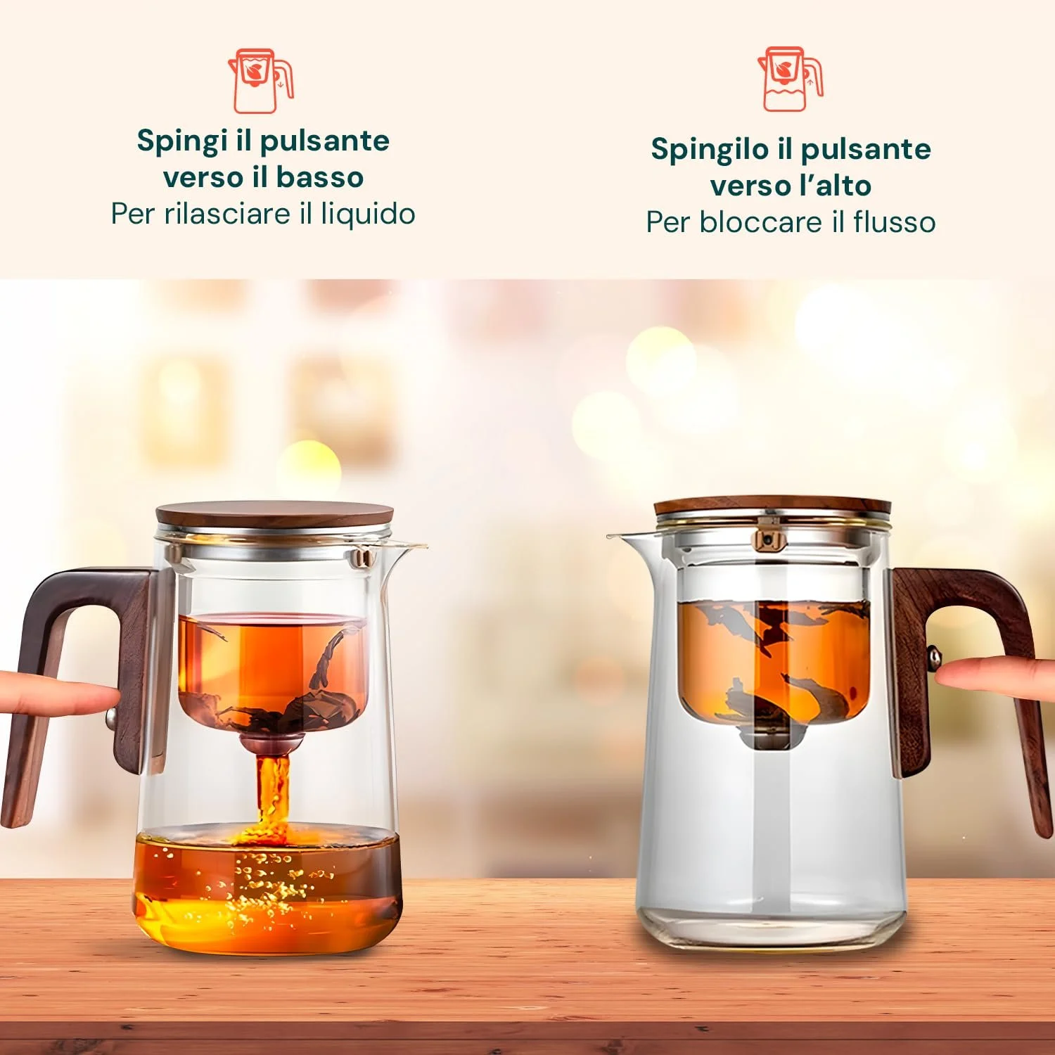 Чайник-заварник Скляний Wintem з фільтром 600/800мл з дерев'яною ручкою, вбудований фільтр для чаю та трав'яного чаю, герметична кришка, фото №4