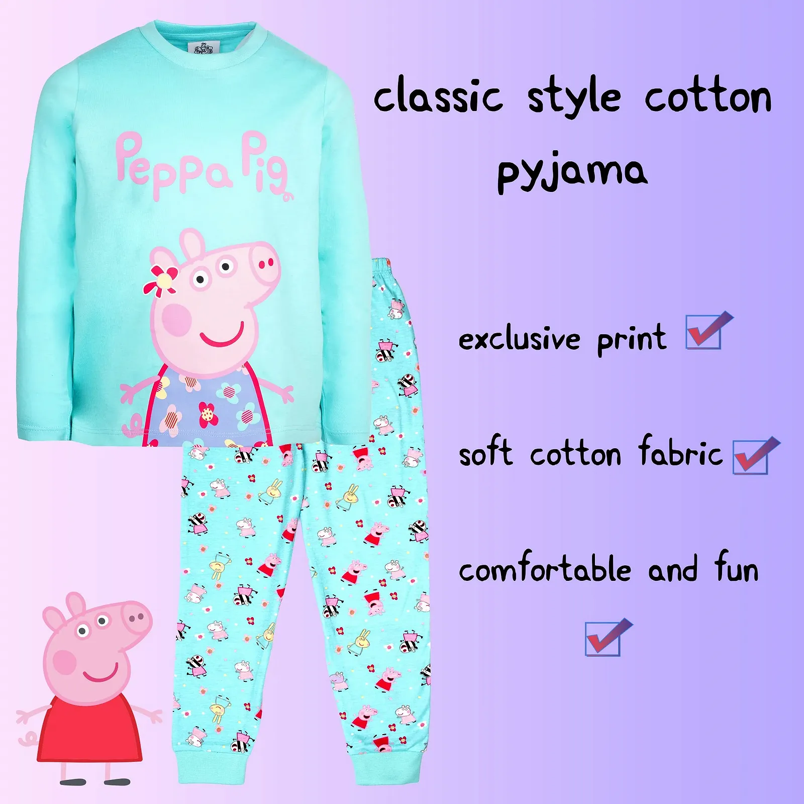 Дитяча піжама Peppa Pig Піжама з довгими рукавами Turquoise 100% бавовна, фото №4