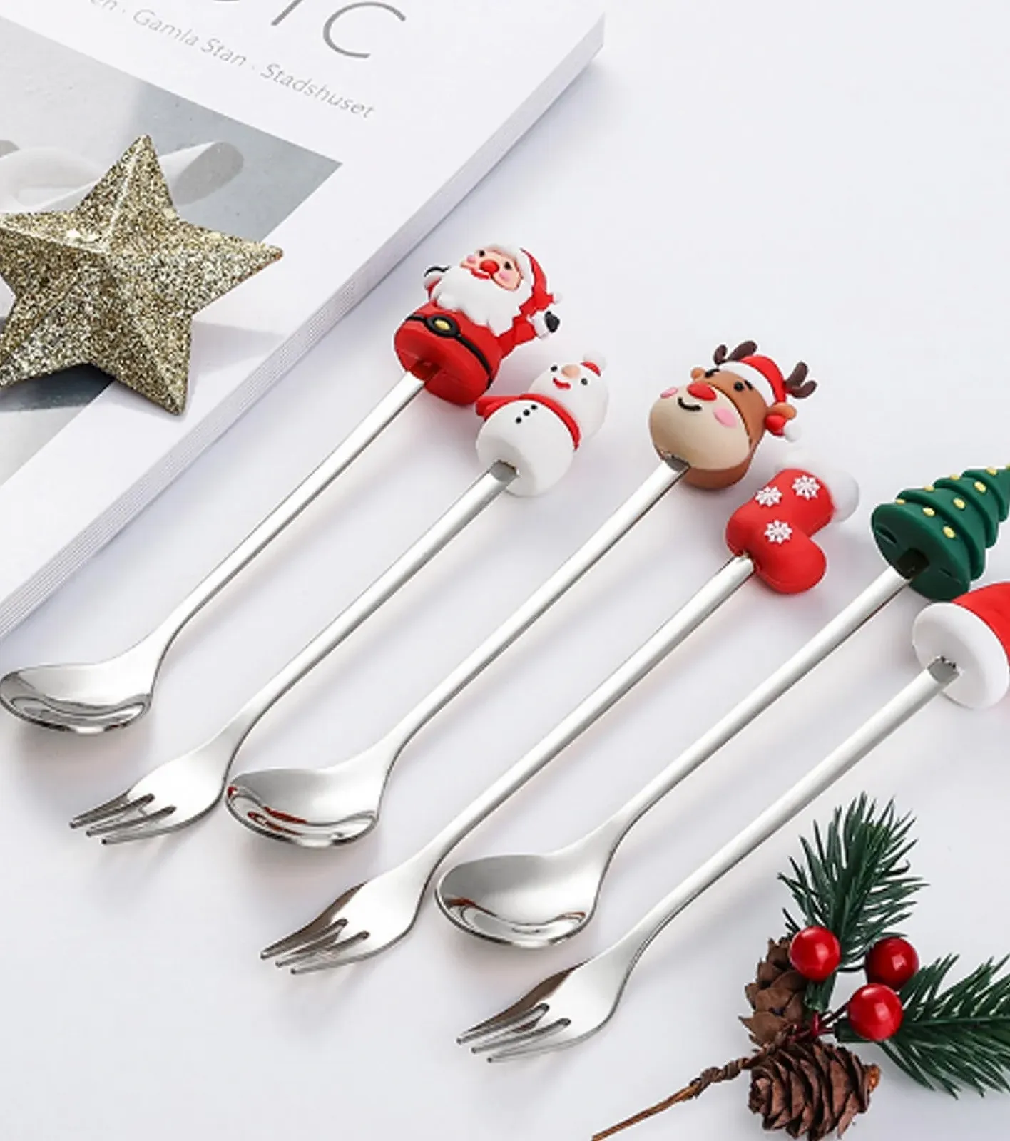 Набор Рождественских Ложек, Ложка Рождественская, Ложка для кофе, Набор Рождественских Ложек для кофе из нержавеющей стали, Маленькая Бытовая Ложка, Ложка для десерта, Чайная ложка, Серебряная, 6 шт, фото №5