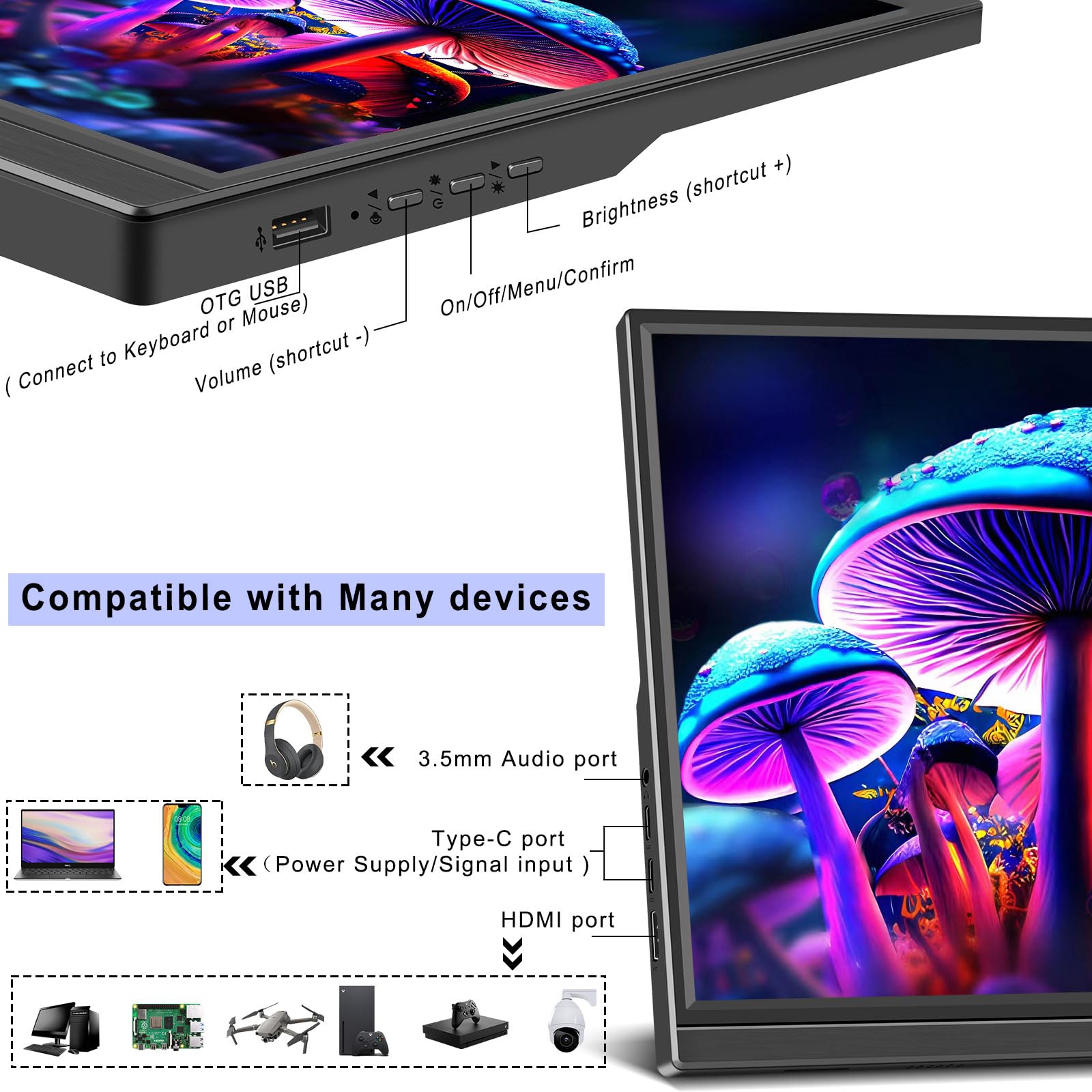 Портативний монітор Kenowa 16 дюймів FHD 1920 x 1200P IPS екран HDR 350 ніт 16:10 з HDMI Type C Чорний, фото №2