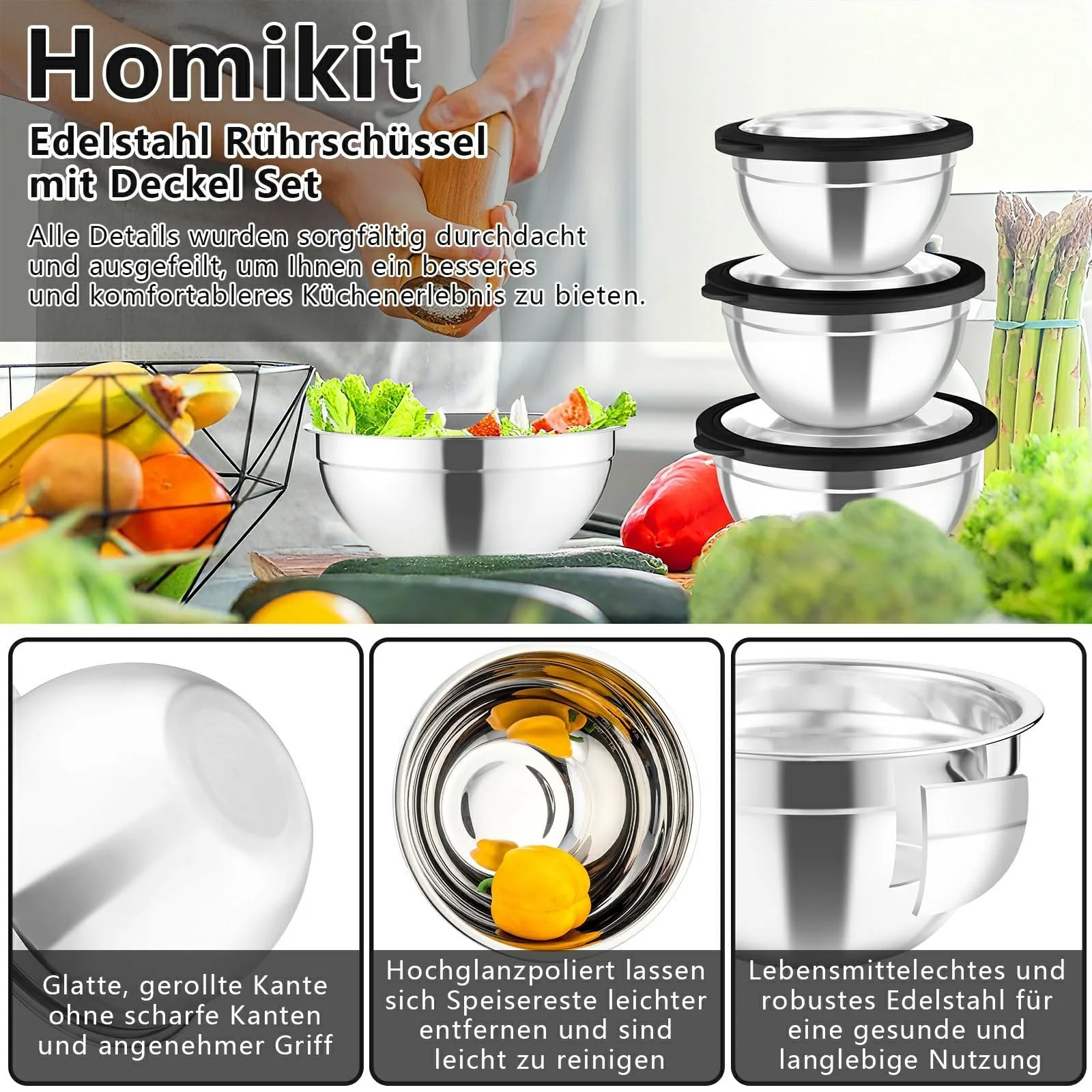 Набор мисок для смешивания Homikit 5 предметов с прозрачными крышками и 3 терками Нержавеющая сталь 4.6/2.8/1.6/1.2/0.7 л Черный, фото №3
