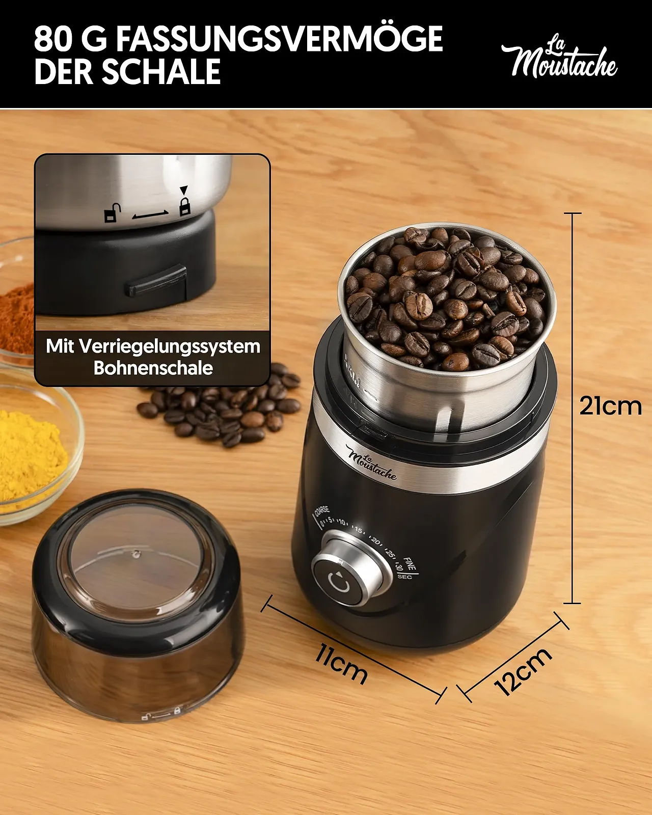 Электрическая кофемолка La Moustache GrindMini Black, 150 Вт, лезвия из нержавеющей стали, вместимость 80 г, регулируемый помол от 5 до 30 секунд, тихая 60 дБ, фото №3 Электрическая кофемолка La Moustache GrindMini Black, 150 Вт, лезвия из нержавеющей стали, вместимость 80 г, регулируемый помол от 5 до 30 секунд, тихая 60 дБ, фото №3