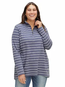 Женский Свитшот Больших Размеров Sheego A-силуэта в Полоску с Воротником Троер, Повседневный, Спортивный, Круглый Вырез - Фото 1