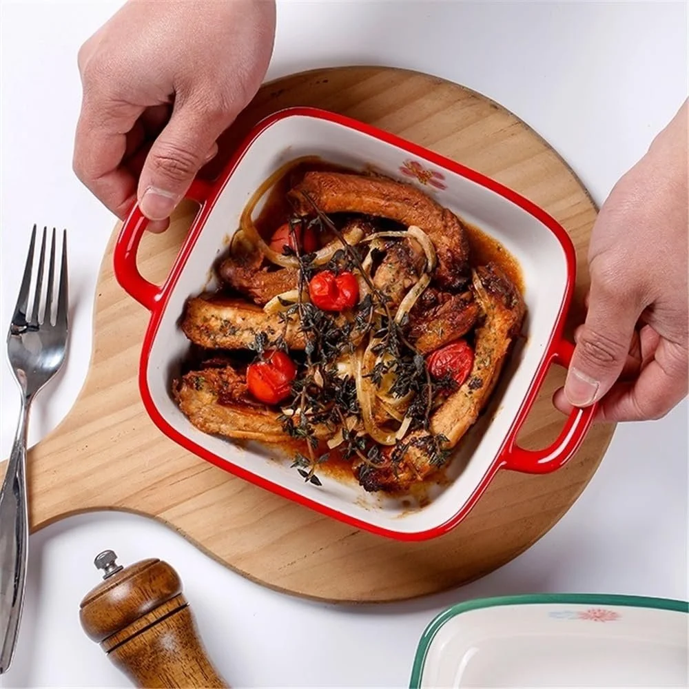 Форма для запекания лазаньи керамическая квадратная 1000 мл с ручками расписанная вручную, фото №5