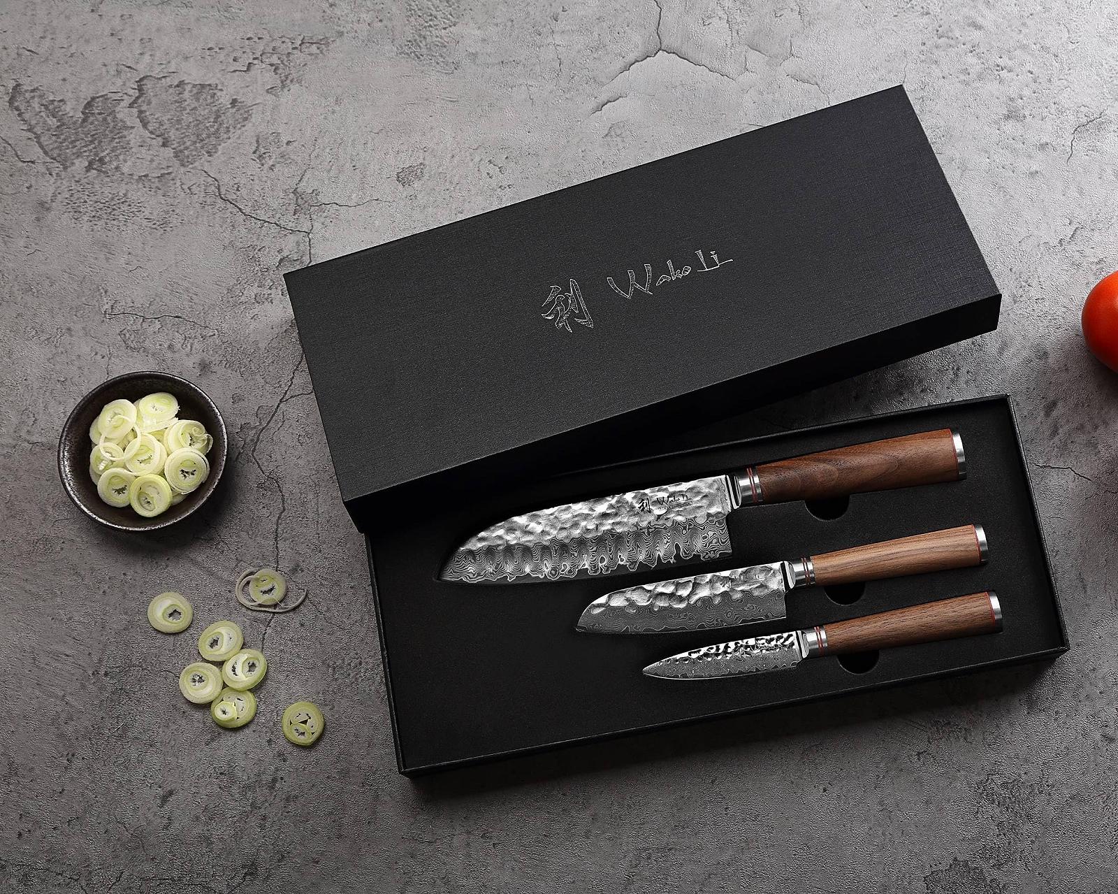 Набір ножів Wakoli Walnut Exclusive, 3 шт. Ніж сантоку, Малий ніж сантоку, Офісний ніж, Дамаська сталь, Горіх, фото №9