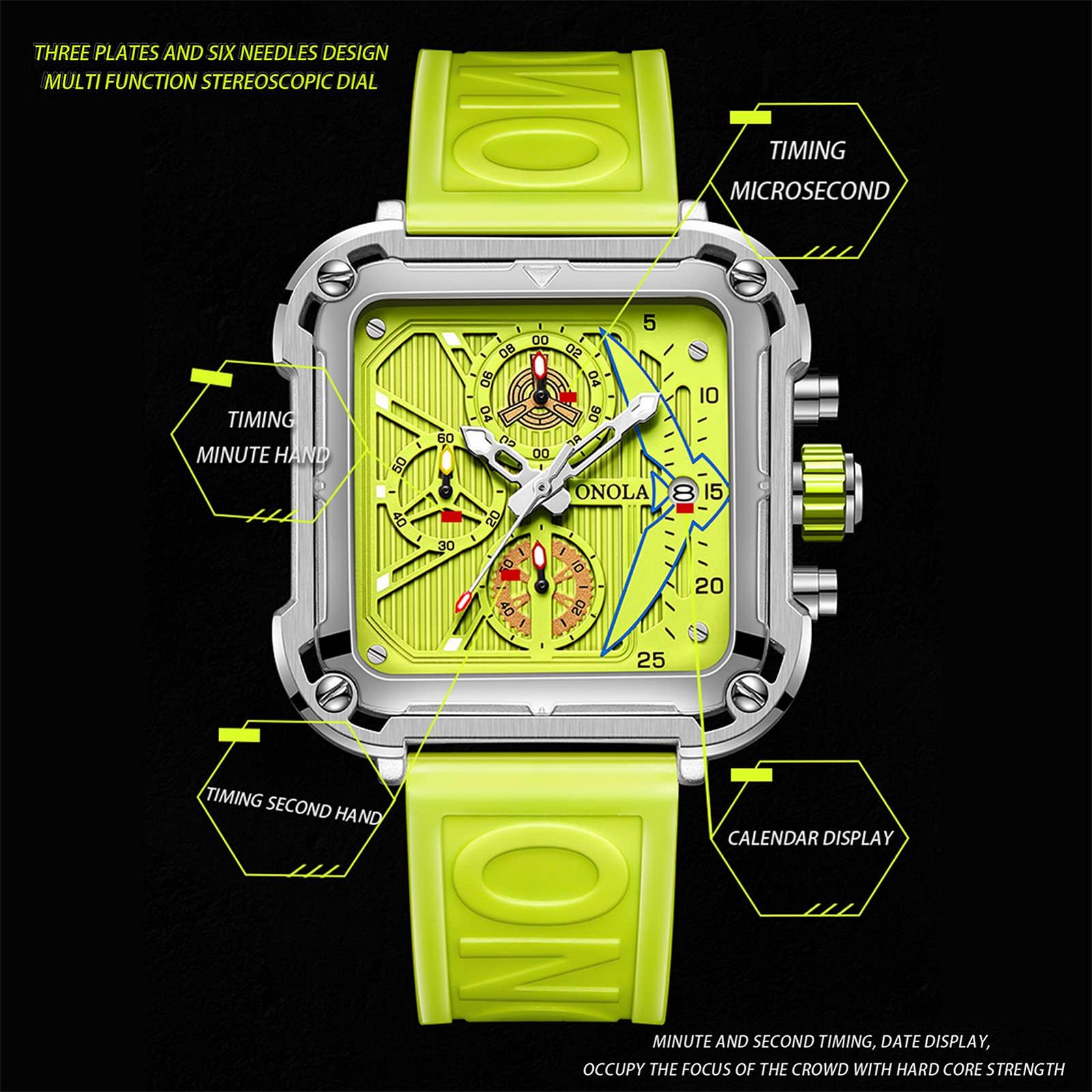 Годинник FORSINING Men's Fashion Square Large Dial Sports Chronograph Analog Qaurtz Чоловічий Наручний Годинник Бізнес Силіконовий Ремінець Зелений, фото №5