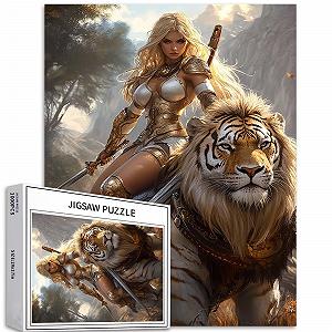 Пазл Девушка-воин, Гигантский тигр и лев Конное искусство 1000 деталей 70 х 50 см - Фото 1