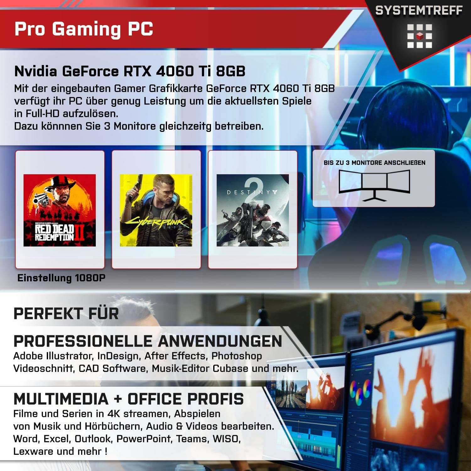 Настольный ПК SYSTEMTREFF Gaming AMD Ryzen 7 7800X3D 8x5GHz Nvidia GeForce RTX 4060 Ti 8GB DX12 1TB M.2 NVMe 32GB DDR5 RAM WLAN, фото №5