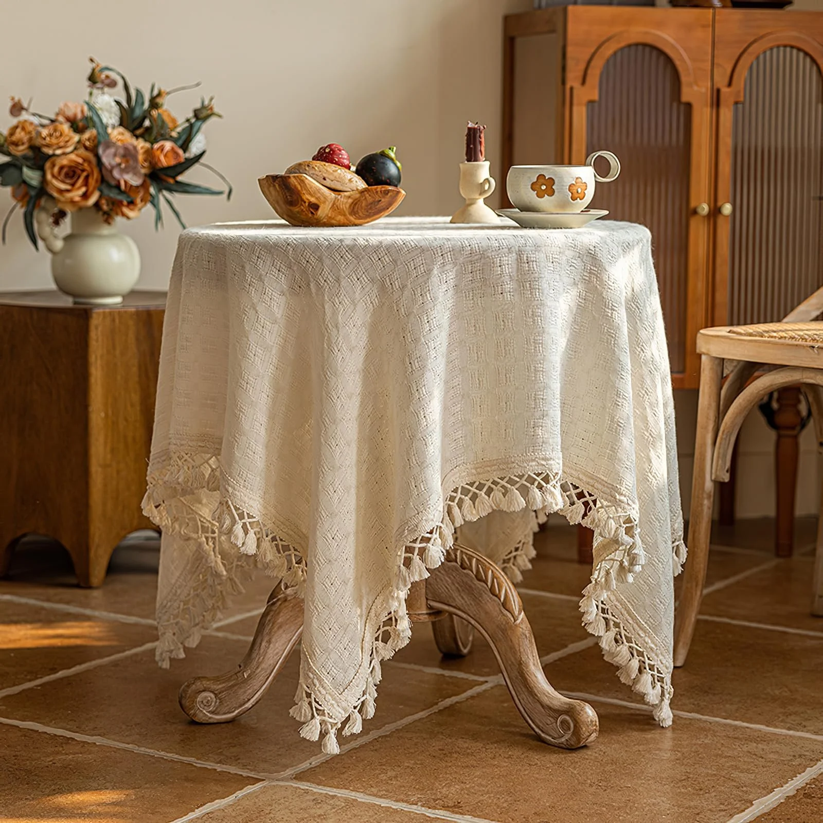 Скатертина Cotton Linen з китицями макраме 90 x 90 см Бежева, фото №1