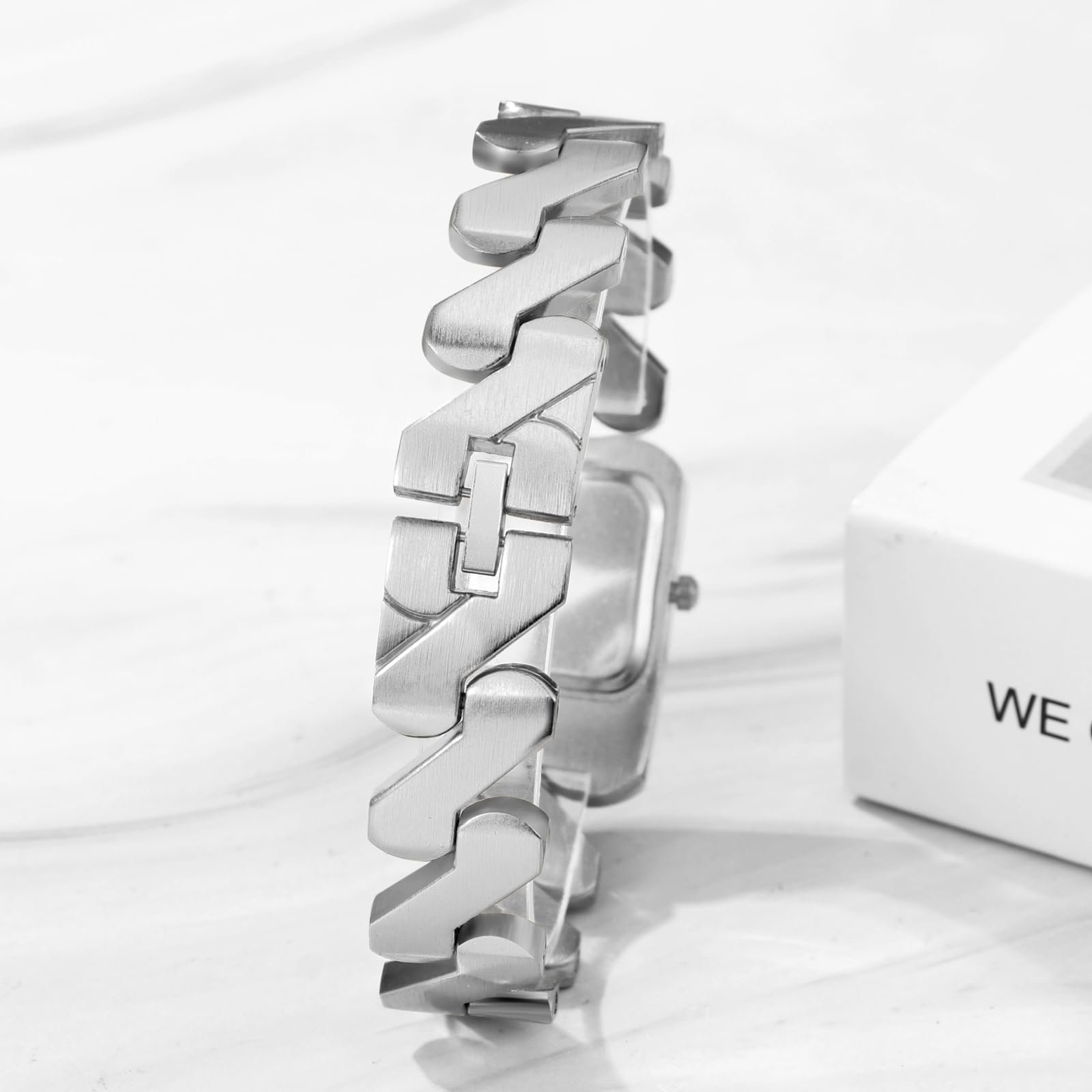 Парные часы Прямоугольные партнерские часы Аналоговые кварцевые часы для пары Часы дружбы Мужские Женские Повседневные часы с металлическим ремешком зигзаг и квадратным циферблатом Золотой/Серебряный, фото №4