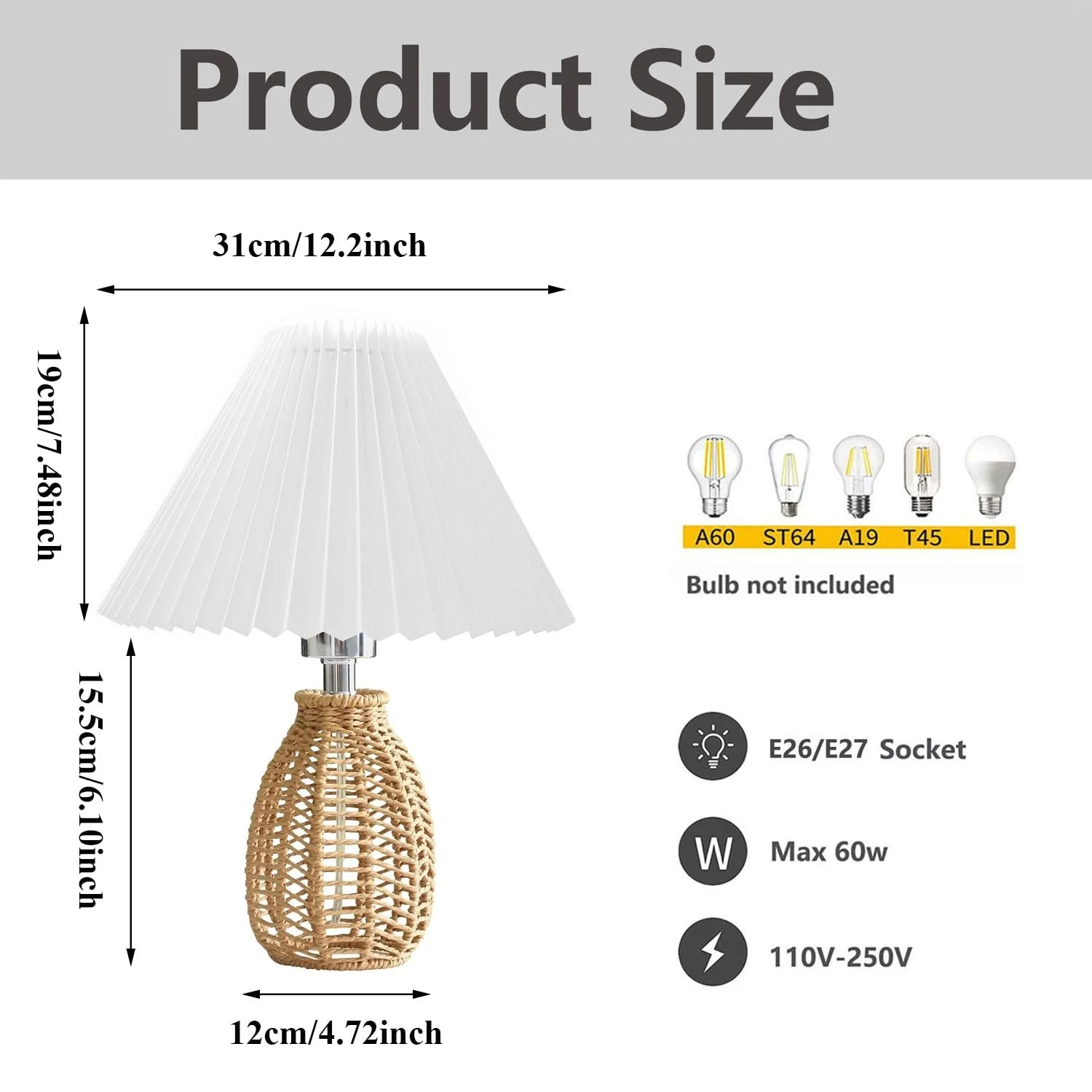 Настільна лампа Boho Vintage Rattan White Fabric Shade Бежева/Біла, фото №2