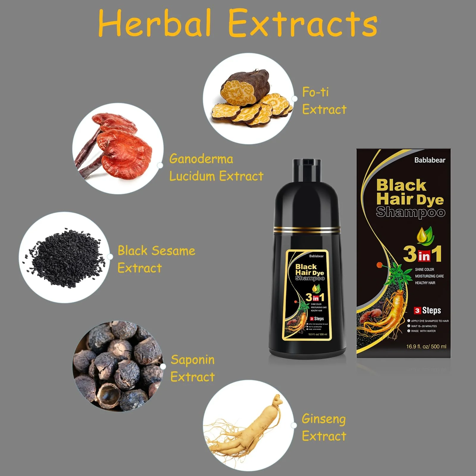 Шампунь для окрашивания волос Bablabear Black, для мужчин и женщин, для седых волос, 3 в 1, для сухих волос, 500 мл, фото №6