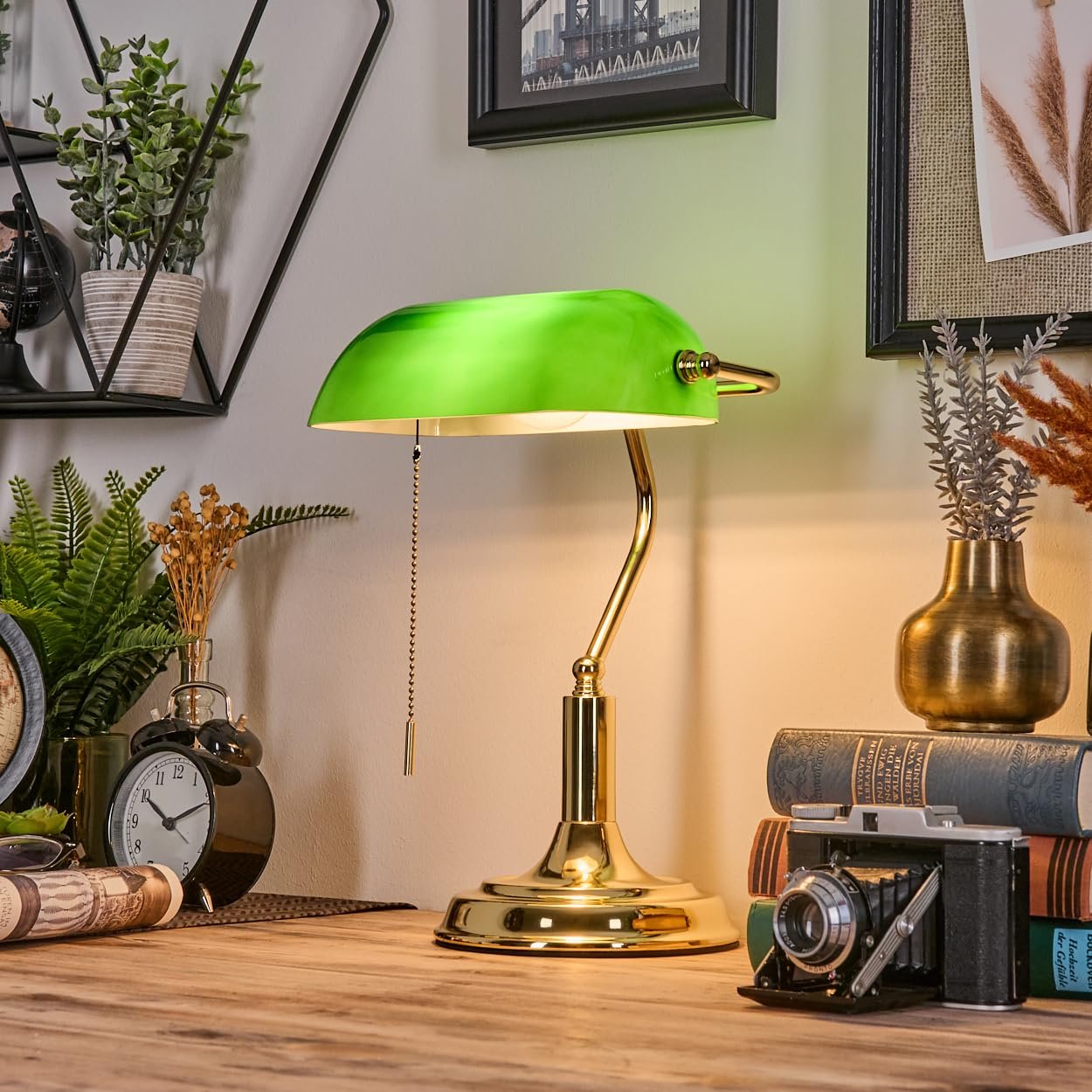 Настільна лампа HOFSTEIN Havsta Traditional Banker Retro Метал Скло Висота 37.5 см 1 x E27 Gold/Green/White, фото №1