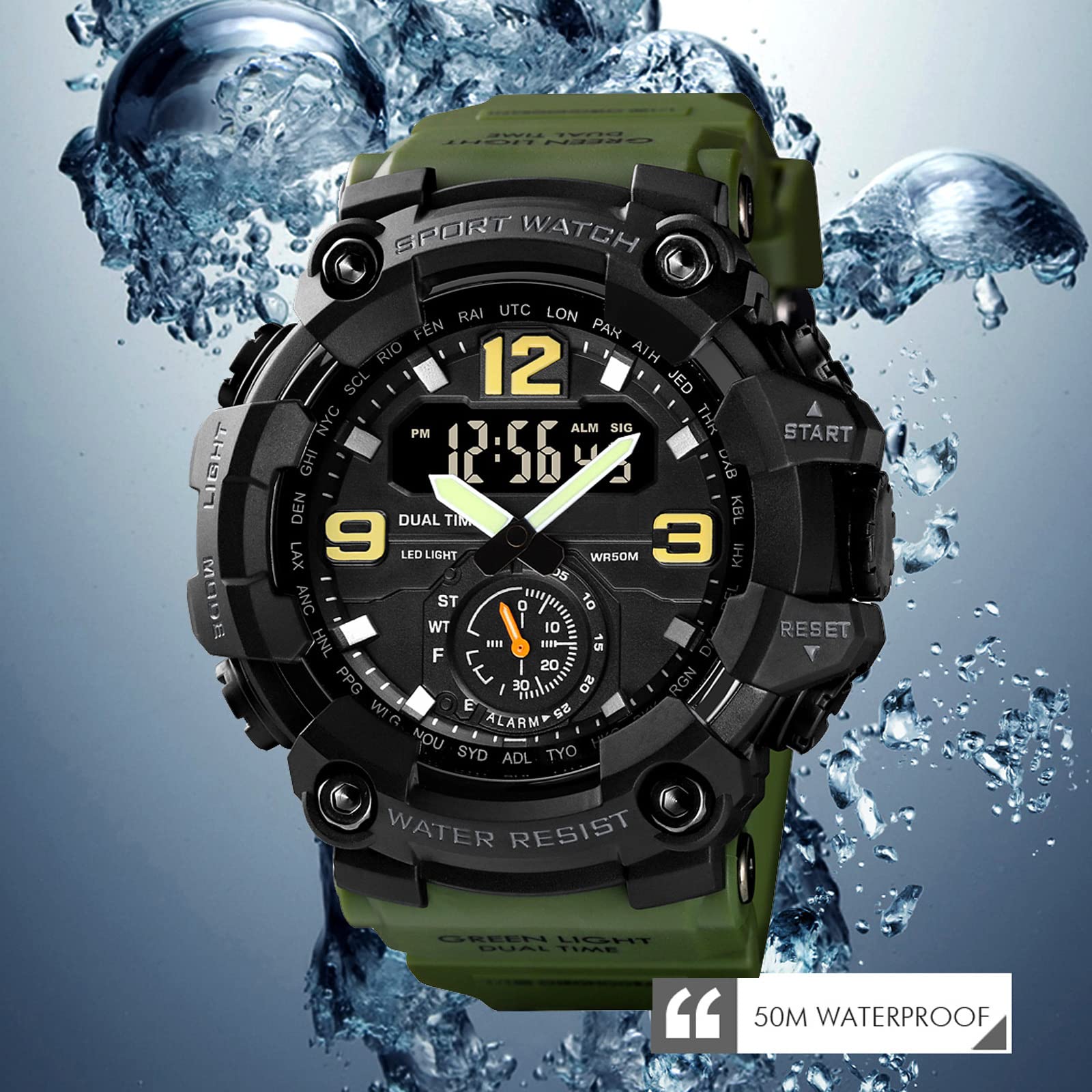 Часы Digital findtime Большие для мужчин и мальчиков 5ATM Водонепроницаемые Спортивные 12-24H Будильник Дата Секундомер Три часовых пояса Военные тактические, фото №6