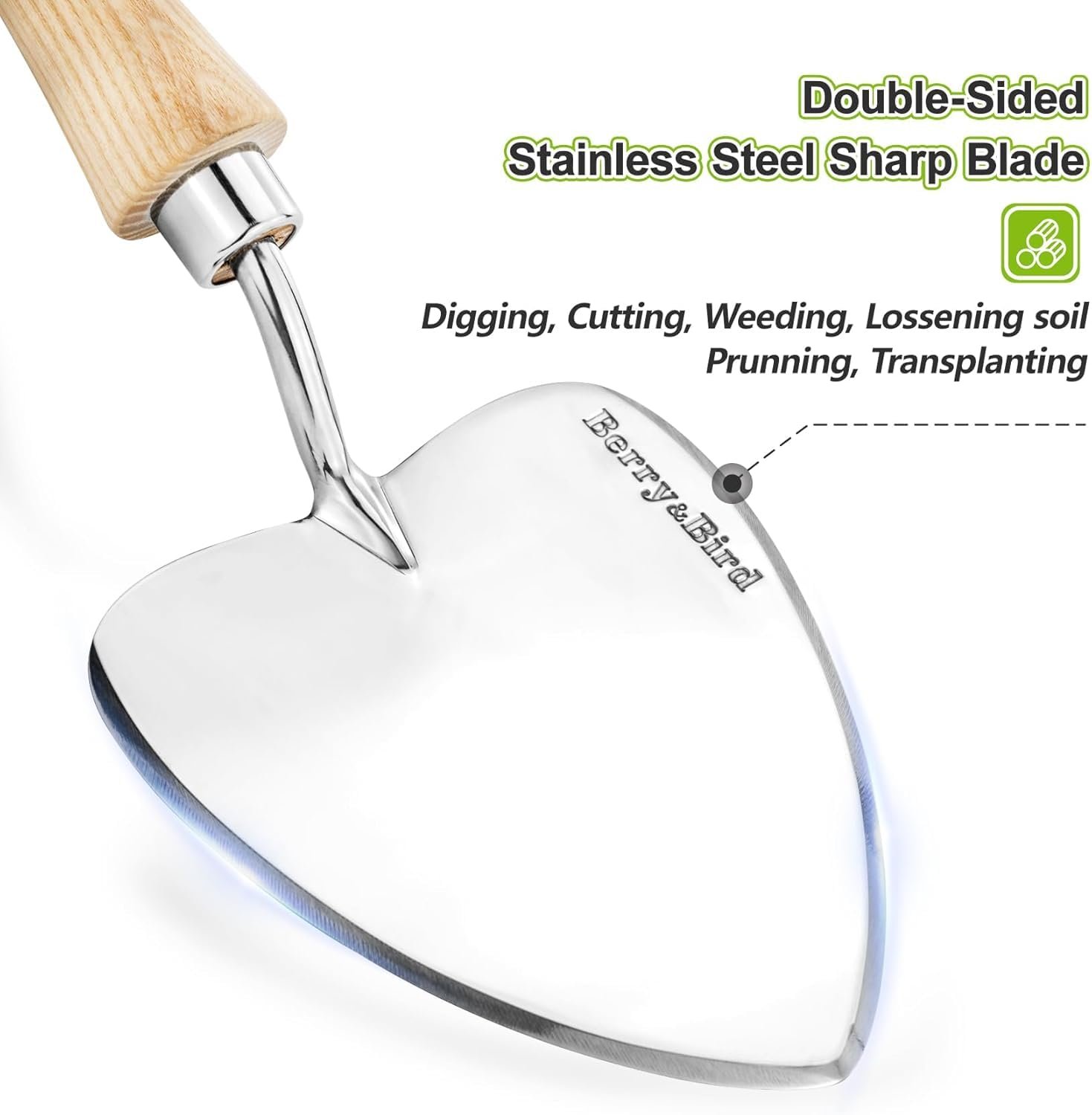 Лопата совковая Berry&Bird Садовий з гострим лезом, дерев'яною ручкою, нержавіючої сталі для посадки, копання, пересадки та обрізки, фото №2