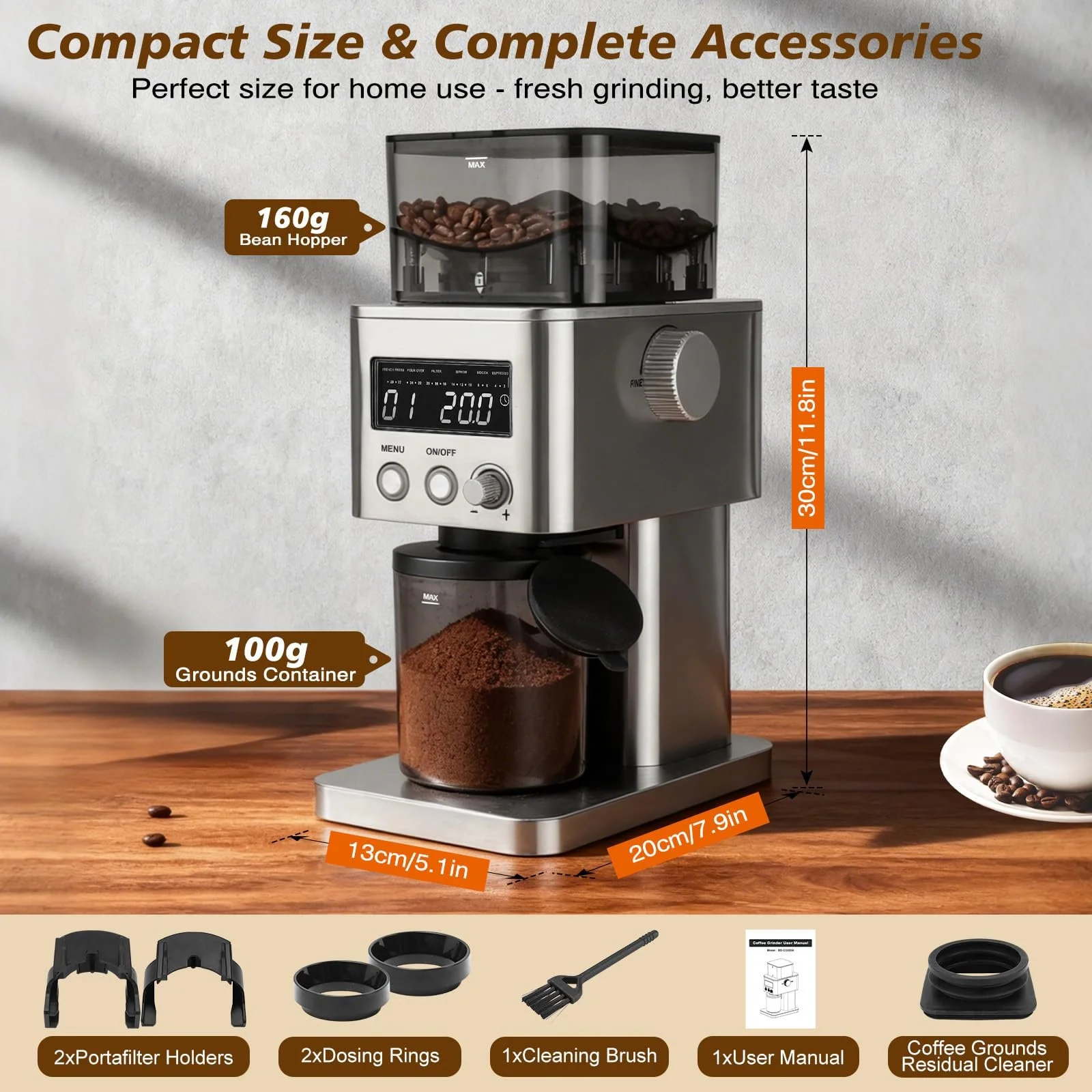 Кофемолка Homtone Электрическая из нержавеющей стали для портафильтра, с LCD экраном, 31 уровень помола, Коническая , для эспрессо/фильтр-кофе/заваривания кофе, фото №2
