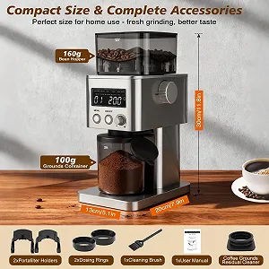 Кофемолка Homtone Электрическая из нержавеющей стали для портафильтра, с LCD экраном, 31 уровень помола, Коническая , для эспрессо/фильтр-кофе/заваривания кофе цена на synthetic.ua - Фото 1 Кофемолка Homtone Электрическая из нержавеющей стали для портафильтра, с LCD экраном, 31 уровень помола, Коническая , для эспрессо/фильтр-кофе/заваривания кофе synthetic.ua - Фото 1