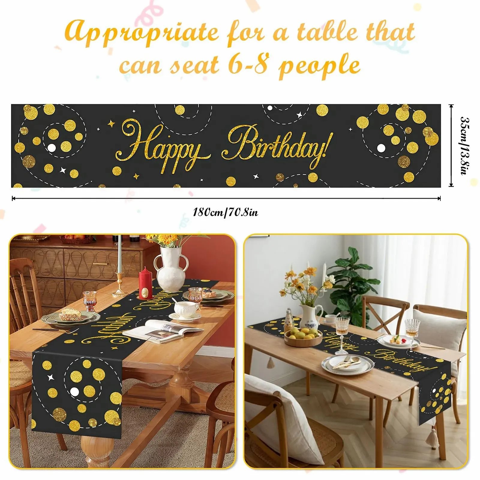Ранер для столу Happy Birthday Чорно-золотистий 180 х 35 см, фото №2 Ранер для столу Happy Birthday Чорно-золотистий 180 х 35 см, фото №2