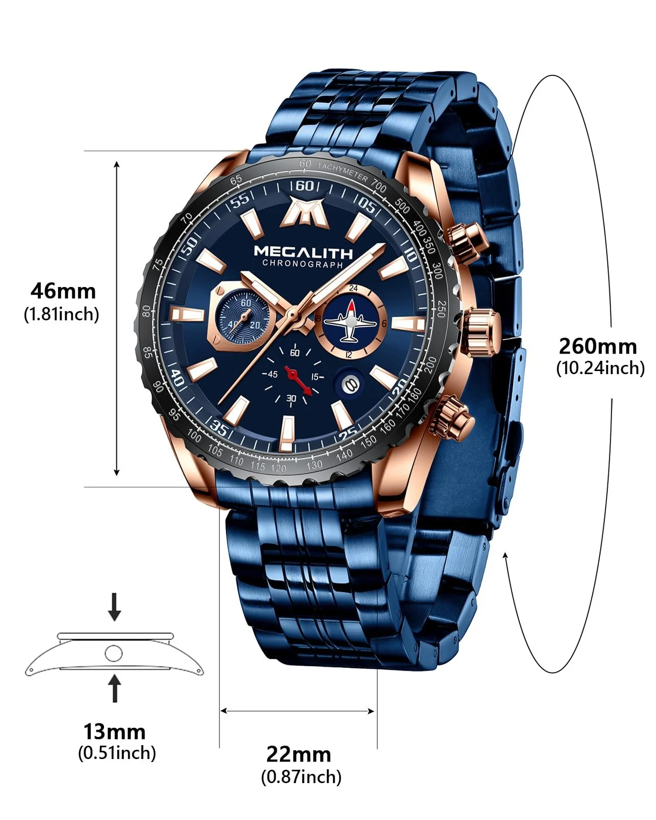 Годинник MEGALITH Чоловічий з нержавіючої сталі Хронограф Великий з датою, фото №9