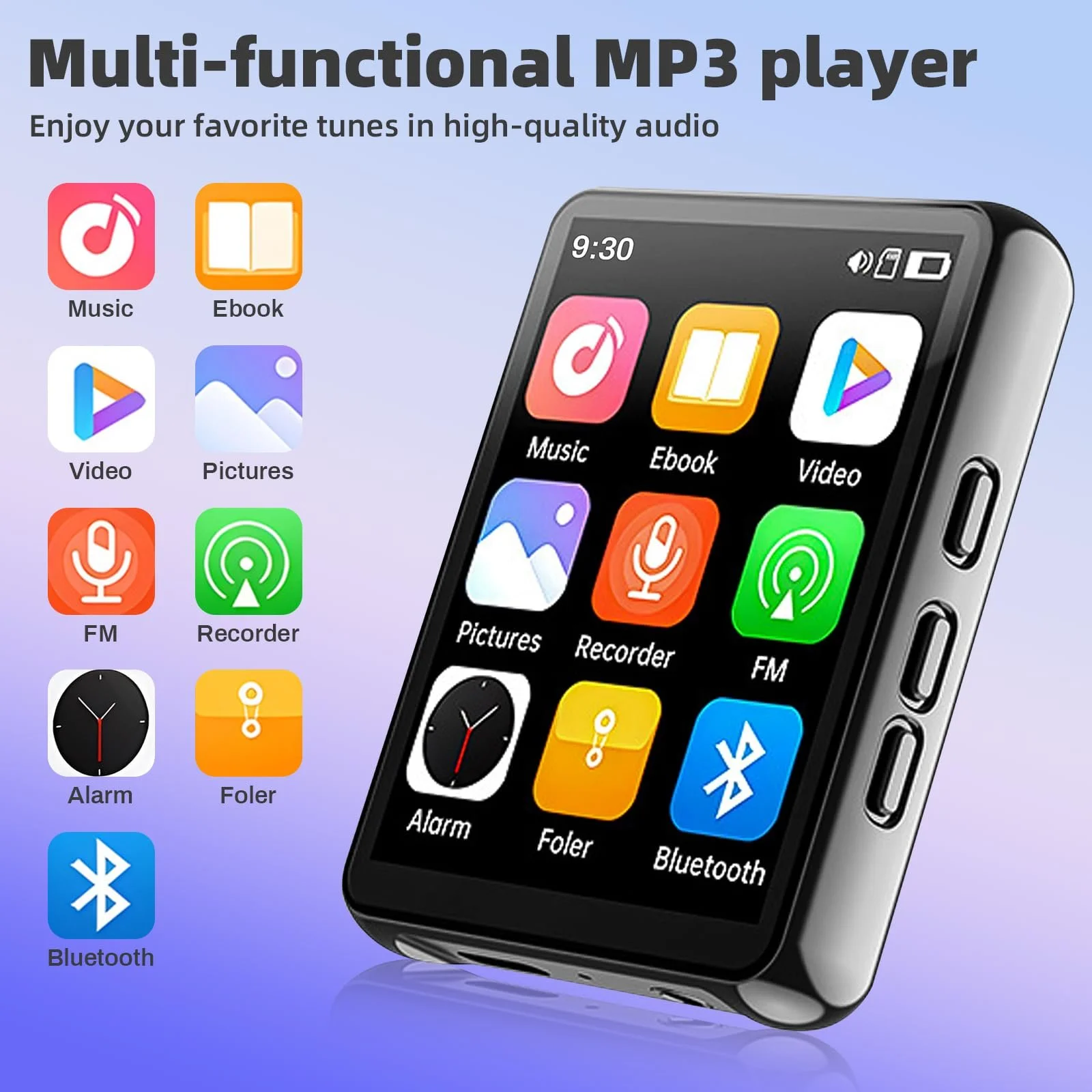 MP3 плеєр Cetoon 128GB з Bluetooth, портативний, цифровий, з динаміком, 2.4" Full Touch Screen, HiFi звук, FM-радіо, диктофон, дротові навушники в комплекті, для бігу, спортзалу, фото №2