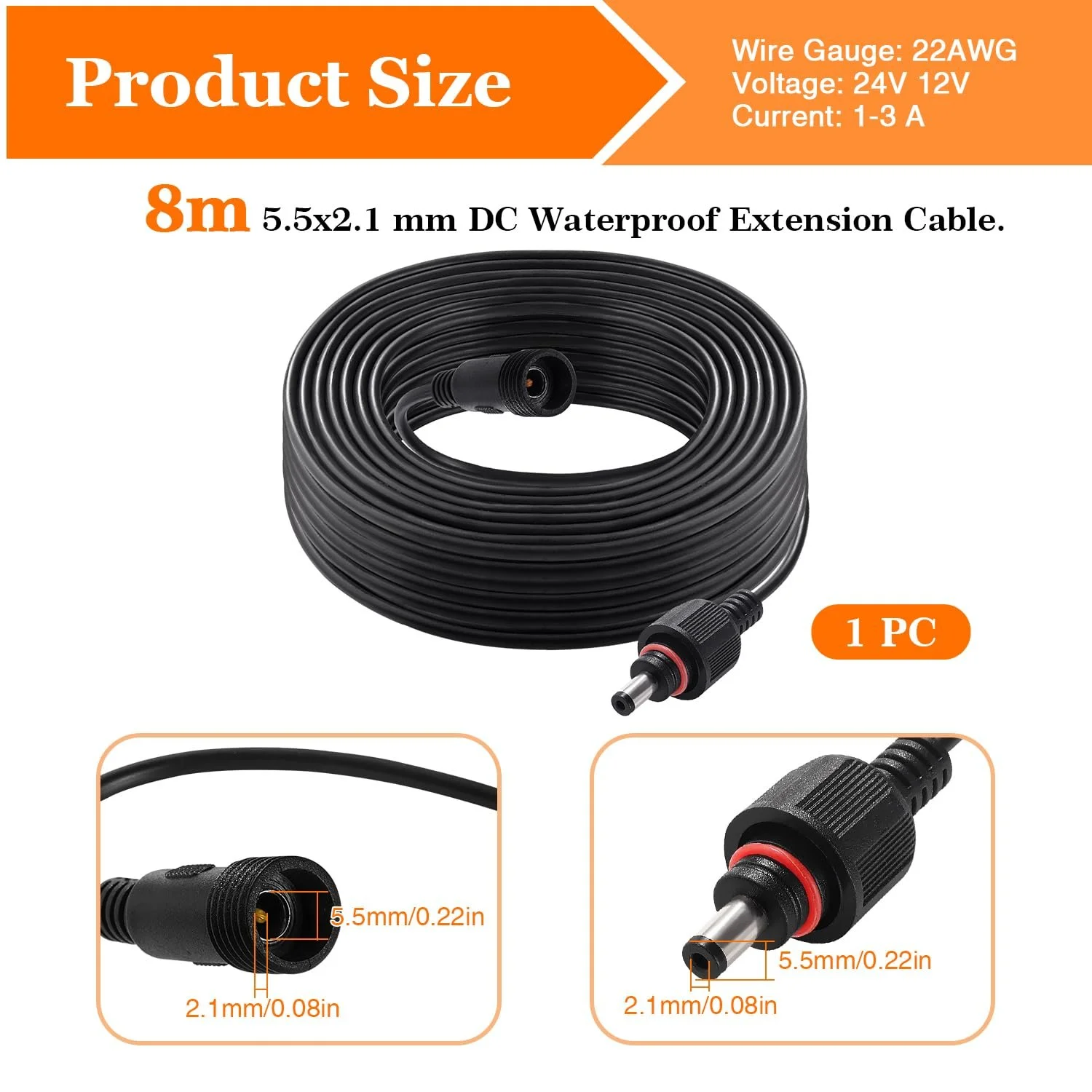 Подовжувач кабелю живлення DC 8 м 5.5 x 2.1 мм IP67 12 V 24 V 22 AWG Male Female, фото №2