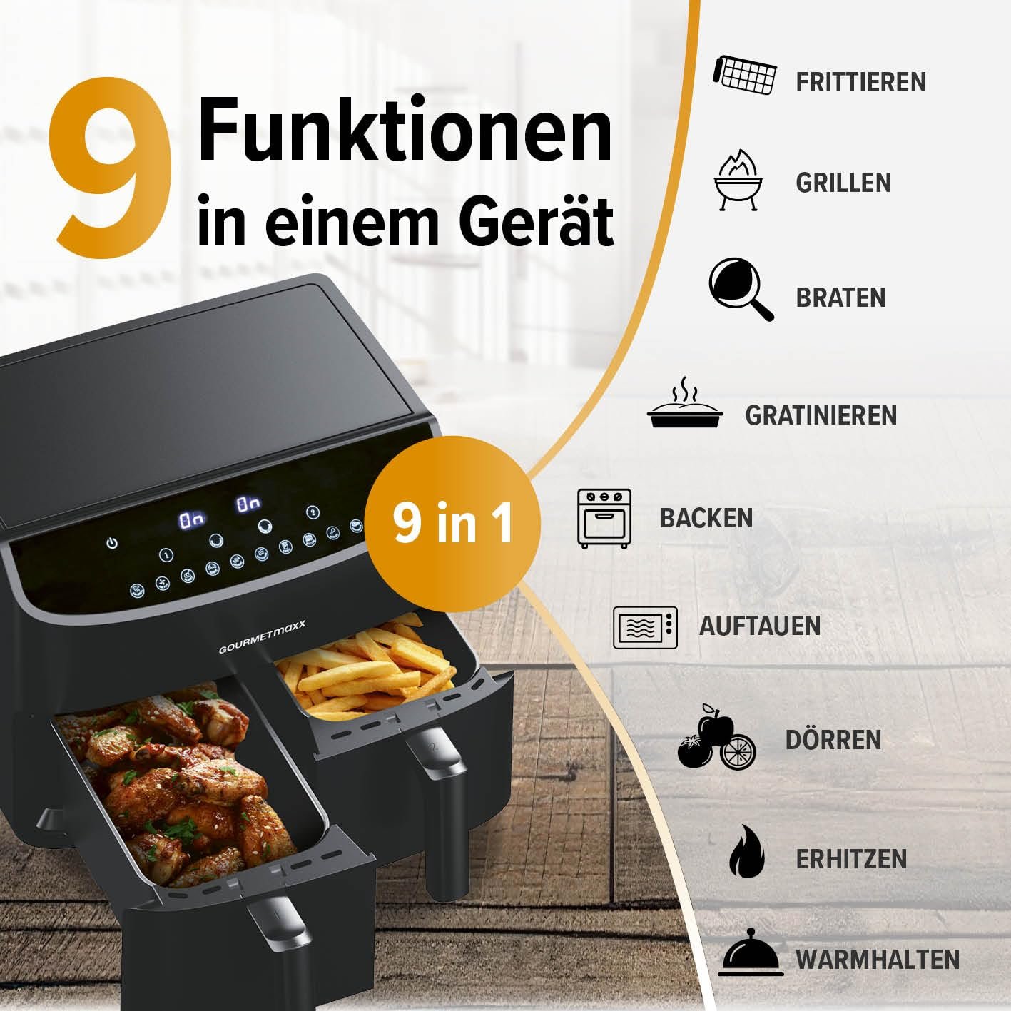 Мультипечь Gourmetmaxx Double Chamber Hot Air Fryer 2 x 3.5 л 2400 Вт 10 программ Чорний, фото №9 Мультипечь Gourmetmaxx Double Chamber Hot Air Fryer 2 x 3.5 л 2400 Вт 10 программ Чорний, фото №9