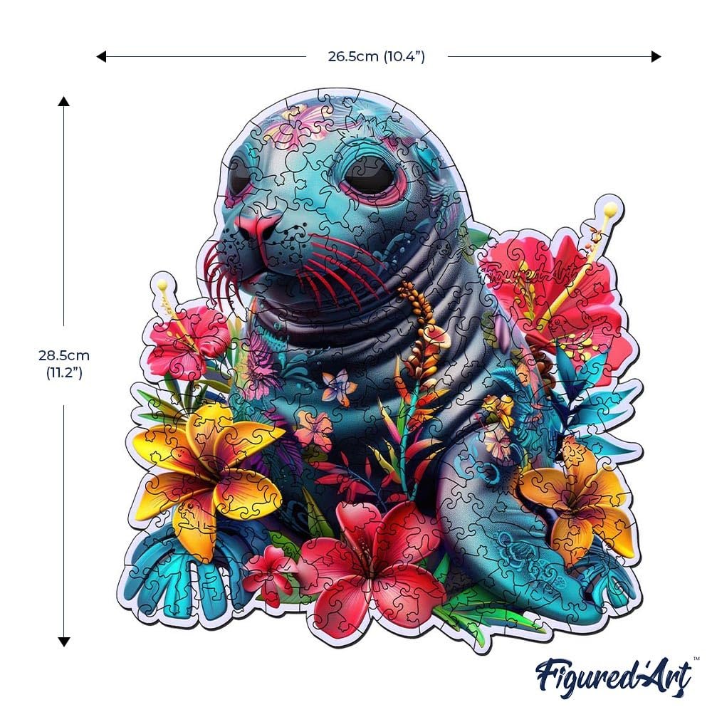 Дерев'яний пазл Figured'Art Animals Seal and Flowers 200 елементів 26.5 x 28.5 см унікальна форма дерев'яна коробка, фото №7