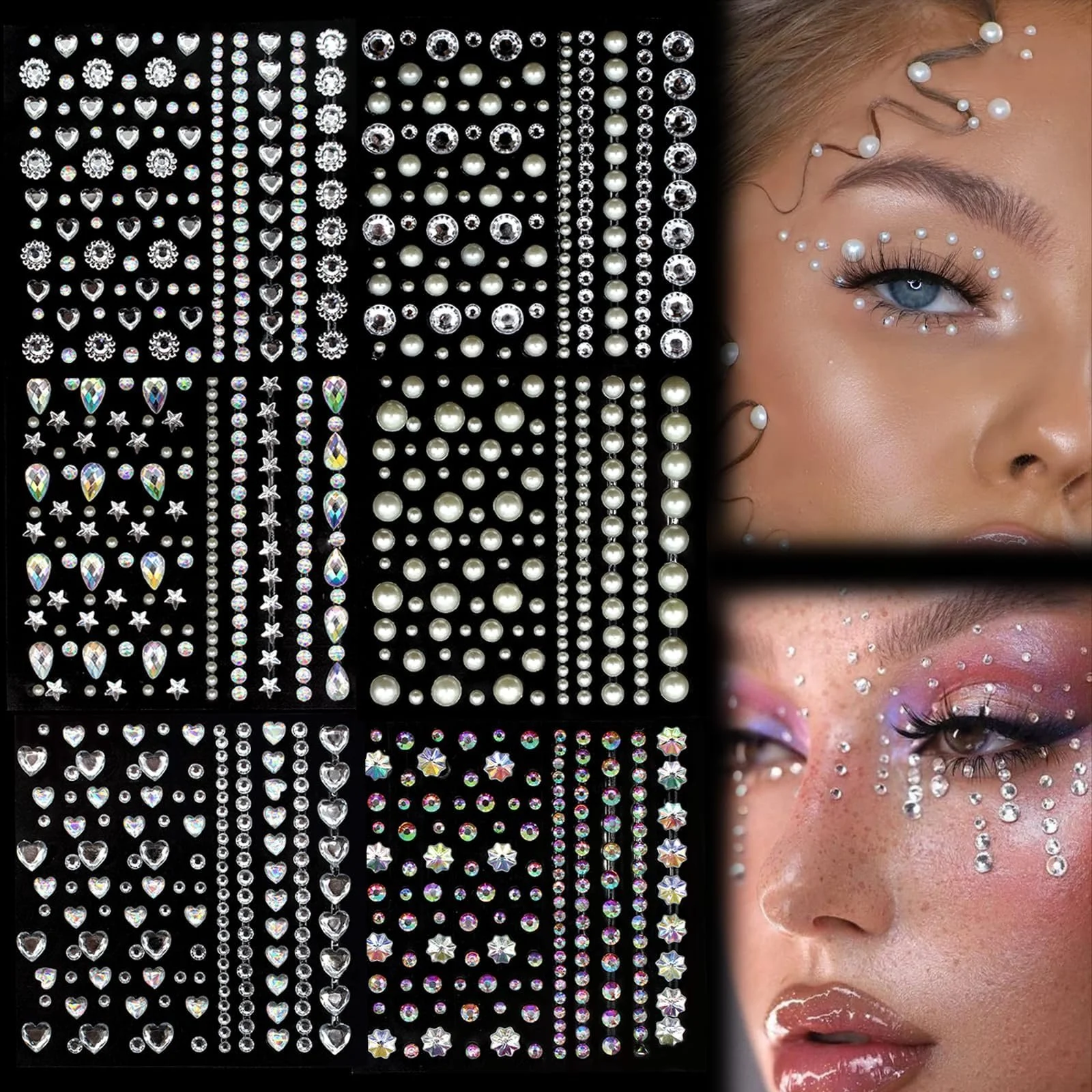 Стрази для рукоділля 900 шт., самоклеючі блискучі камінці для обличчя, блискітки для карнавалу, DIY прикраси для макіяжу обличчя, фото №1