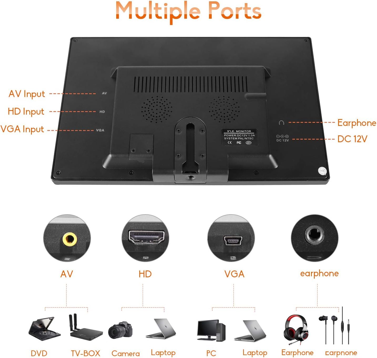 Портативный монитор 9" WHOLEV HD 60 Гц, фото №3