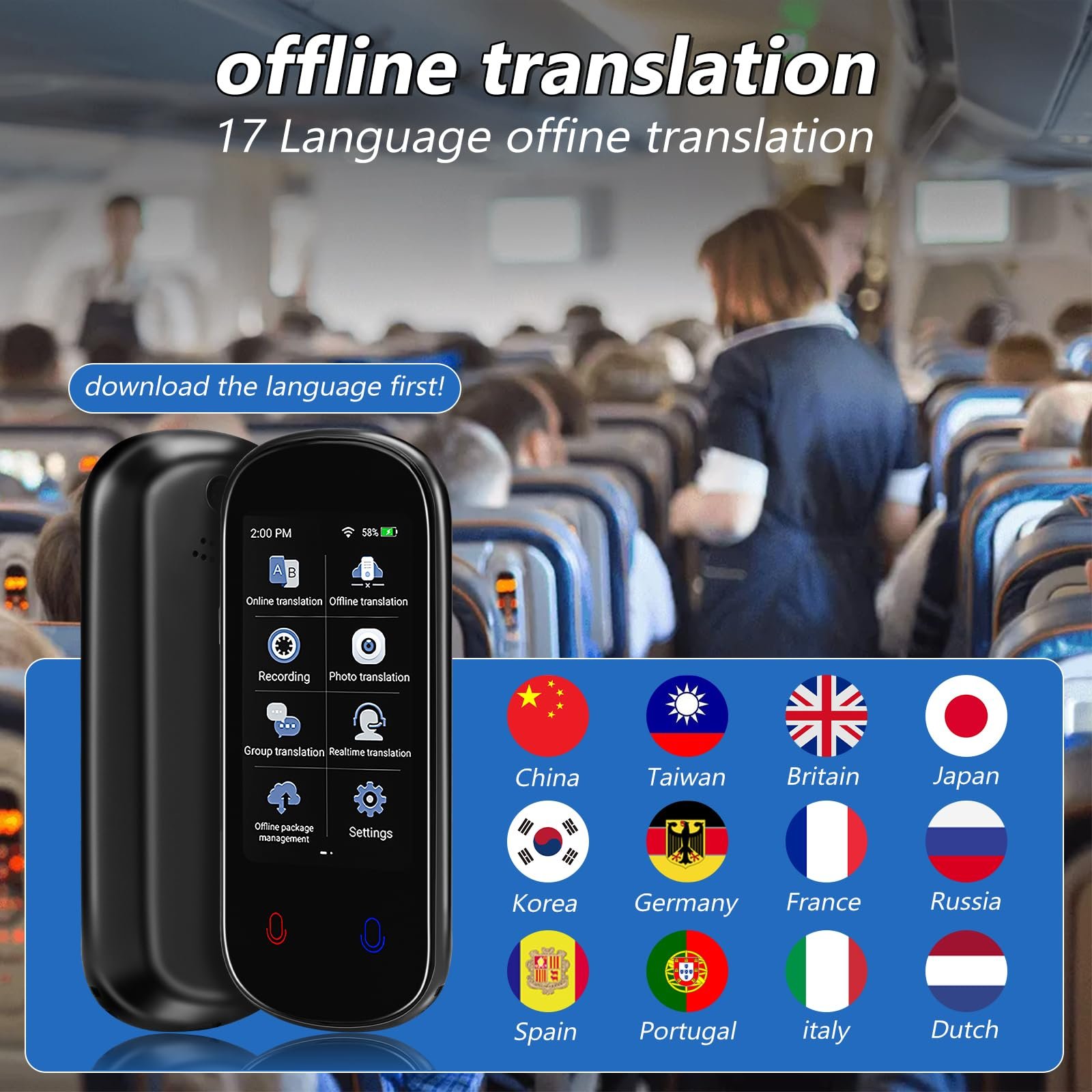 Інтелектуальний голосовий перекладач Z2 138 мов, 3-дюймовий HD сенсорний екран Акумулятор 1500 mAh WiFi, фото №3
