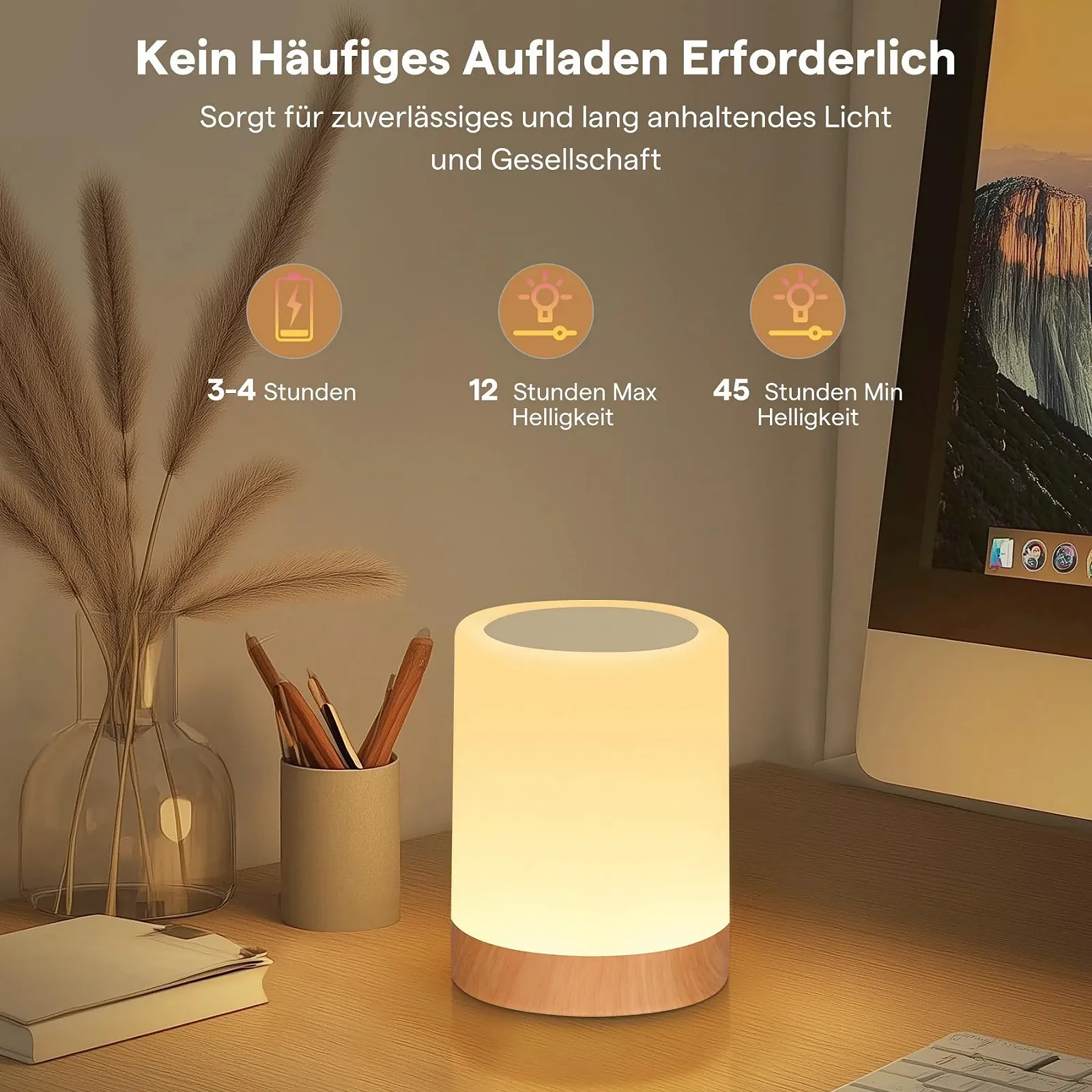 Приліжкова лампа LED Сенсорна Регульована яскравість Акумуляторна RGB 4 рівні яскравості 4 режими З гачком та функцією пам'яті, фото №3