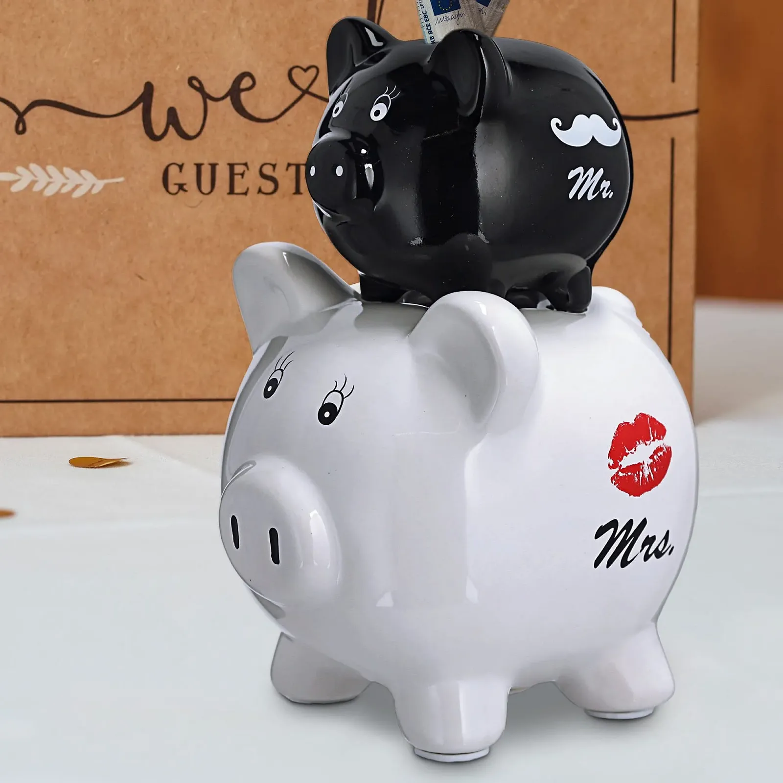 Скарбничка Mr & Mrs Stoneware 14 x 20 x 12 см чорно-біла подвійна свиня, фото №3