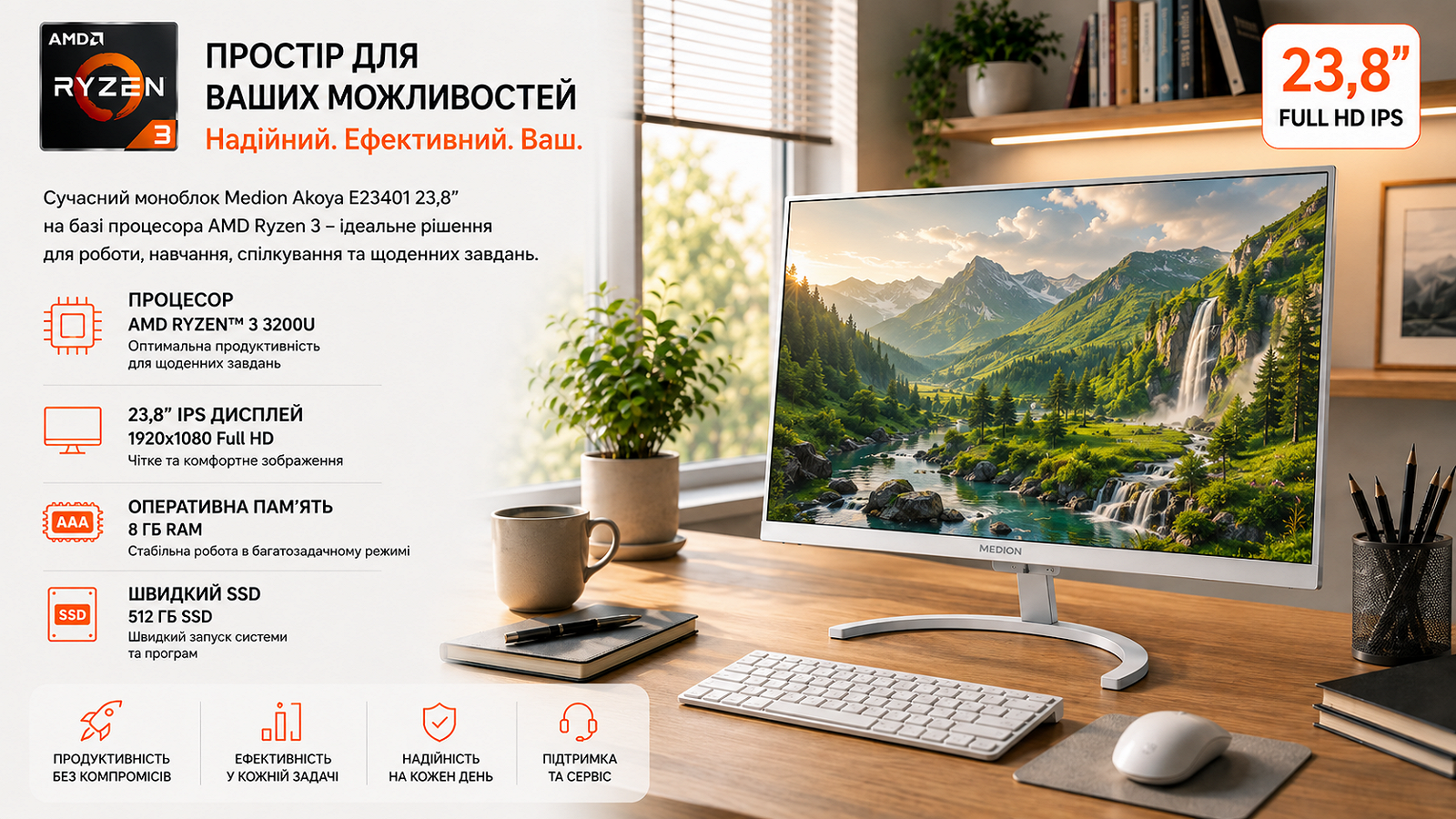 Моноблок 23.8" Medion (Lenovo Group) Akoya E23401 | AMD Ryzen 3 3200U | IPS (1920x1080) FullHD | RAM 8 ГБ | SSD 512 ГБ | AMD Radeon Vega 3 Graphics | Wi-Fi 5 | Bluetooth 5.0 | Тонкий корпус | Win11 (5270), фото №1 Моноблок 23.8" Medion (Lenovo Group) Akoya E23401 | AMD Ryzen 3 3200U | IPS (1920x1080) FullHD | RAM 8 ГБ | SSD 512 ГБ | AMD Radeon Vega 3 Graphics | Wi-Fi 5 | Bluetooth 5.0 | Тонкий корпус | Win11 (5270), фото №1