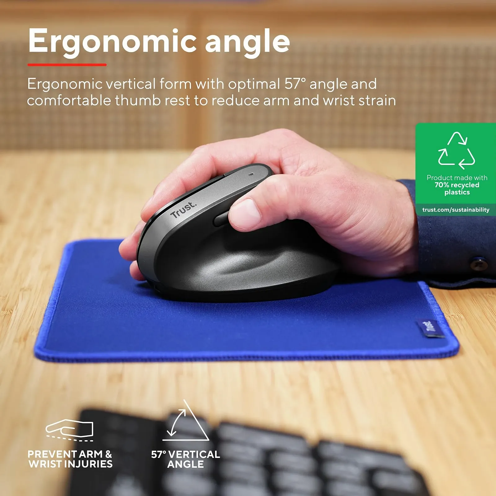 Мышь Trust Bayo+ Беспроводная Bluetooth + RF 2.4GHz Вертикальная Эргономичная Перезаряжаемая Черный, фото №2