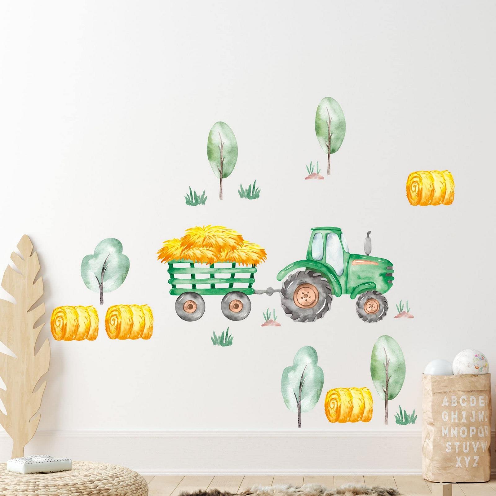 Наклейка на стіну GRAZDesign Трактор зелений з фермерськими деревами та соломою 100 x 57 см, фото №5