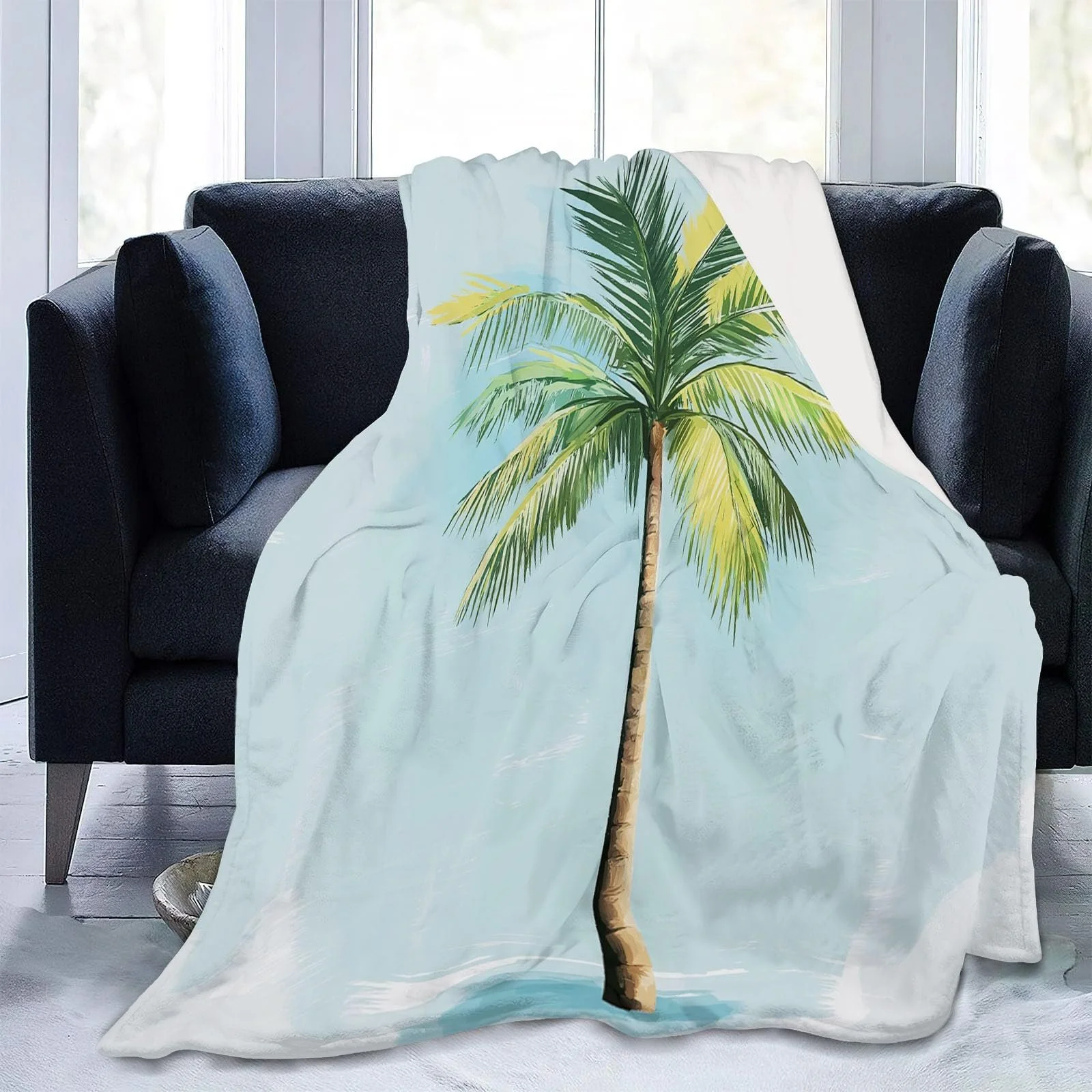 Мягкий Плед, Иллюстрация акварельных пальм Высококачественный фланелевый материал, Зеленый Синий, 130 x 150 см Уютный и теплый для детей и взрослых, фото №2