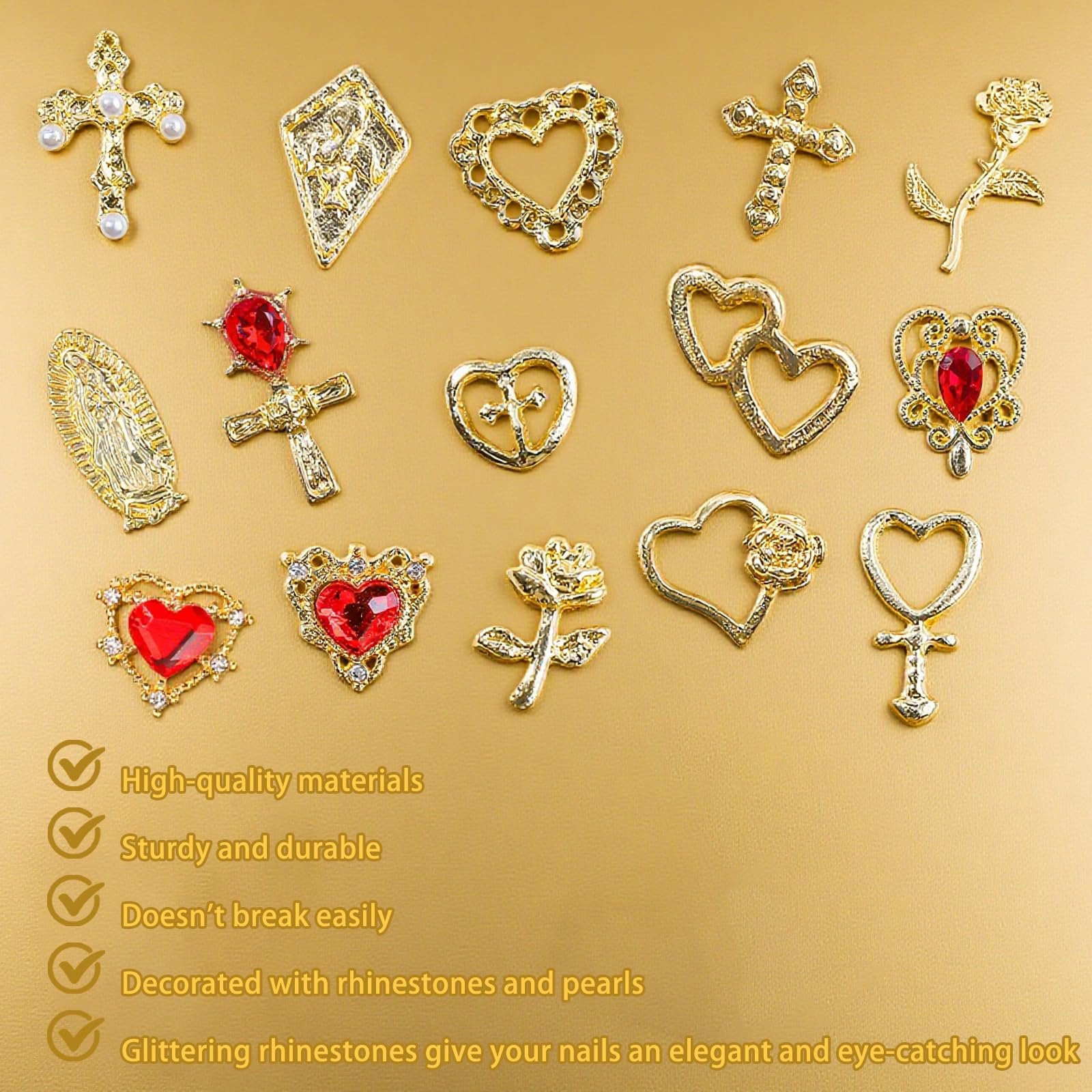 3D Украшения для ногтей Золото, 60 шт Дева Мария, розы, кресты, рубины и сердца, фото №2