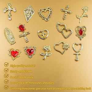 3D Украшения для ногтей Золото, 60 шт Дева Мария, розы, кресты, рубины и сердца synthetic.ua - Фото 1