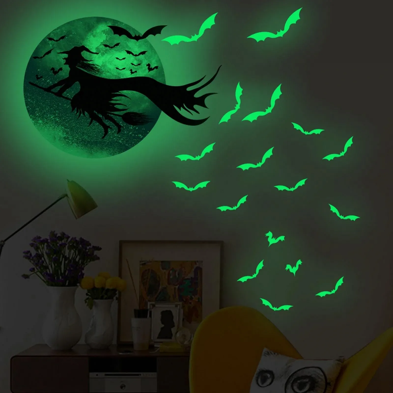 Наклейка на окно Halloween Ведьма Силуэт луны и летучих мышей 30 x 24 см, фото №2