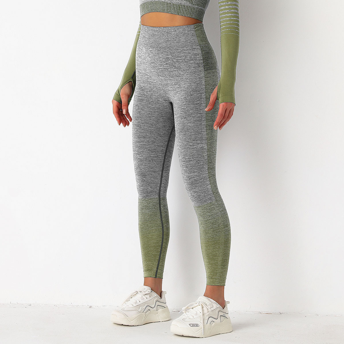 Леггинсы женские спортивные 9657 M серые с зеленым, фото №5