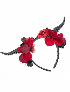 Обруч Рога Черный с Цветами Красный / Черный - Фото 1