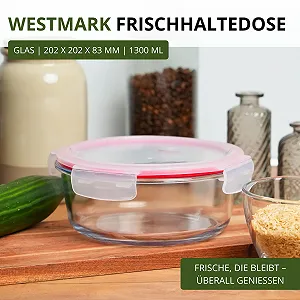 Скляний контейнер для зберігання продуктів Westmark 233522E1 Круглий 1300 мл Прозорий/Червоний synthetic.ua - Фото 1
