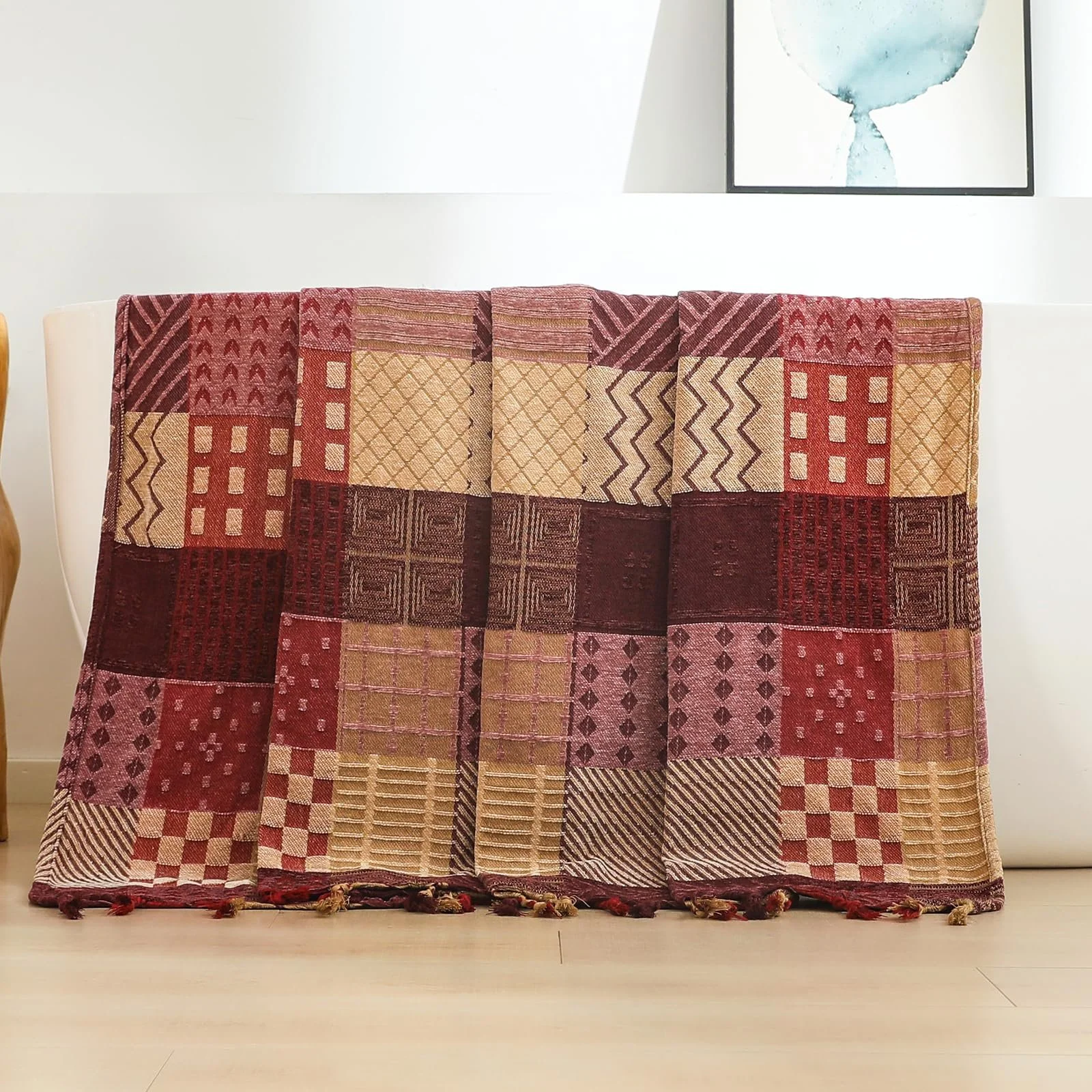 Покривало ткане Chenille HOORDRY Візерунок, двосторонній плед з бахромою, фото №12