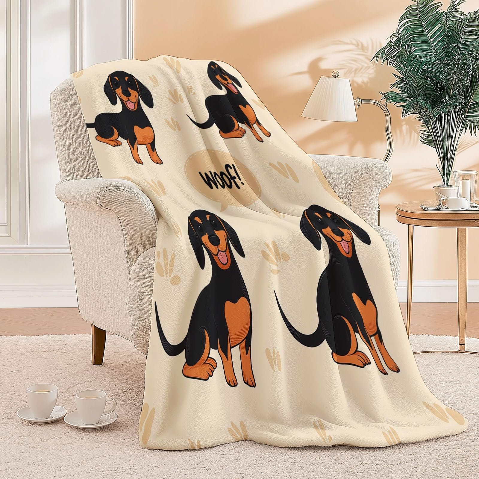 Одеяло Мягкое для дивана 130 x 150 см, Мягкое теплое с мультяшным щенком и буквами, с принтом, черно-коричневое, фото №5