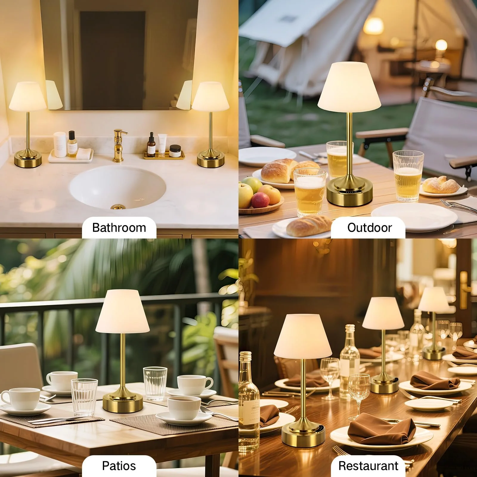 Настільні лампи OUTON Комплект 2 шт LED Бездротові 4000 мАг USB-C 3 колірні температури Сенсорні IP54 (Золотисті), фото №8